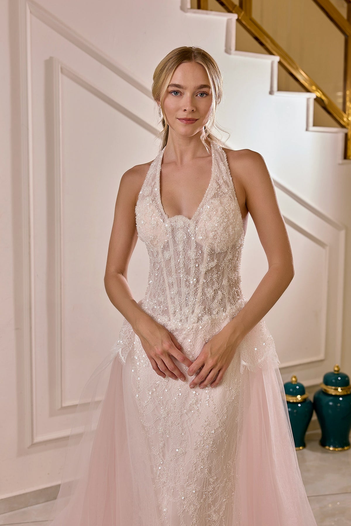 Cressida – Halter Lace Couture Gown with Blush Tulle Overskirt