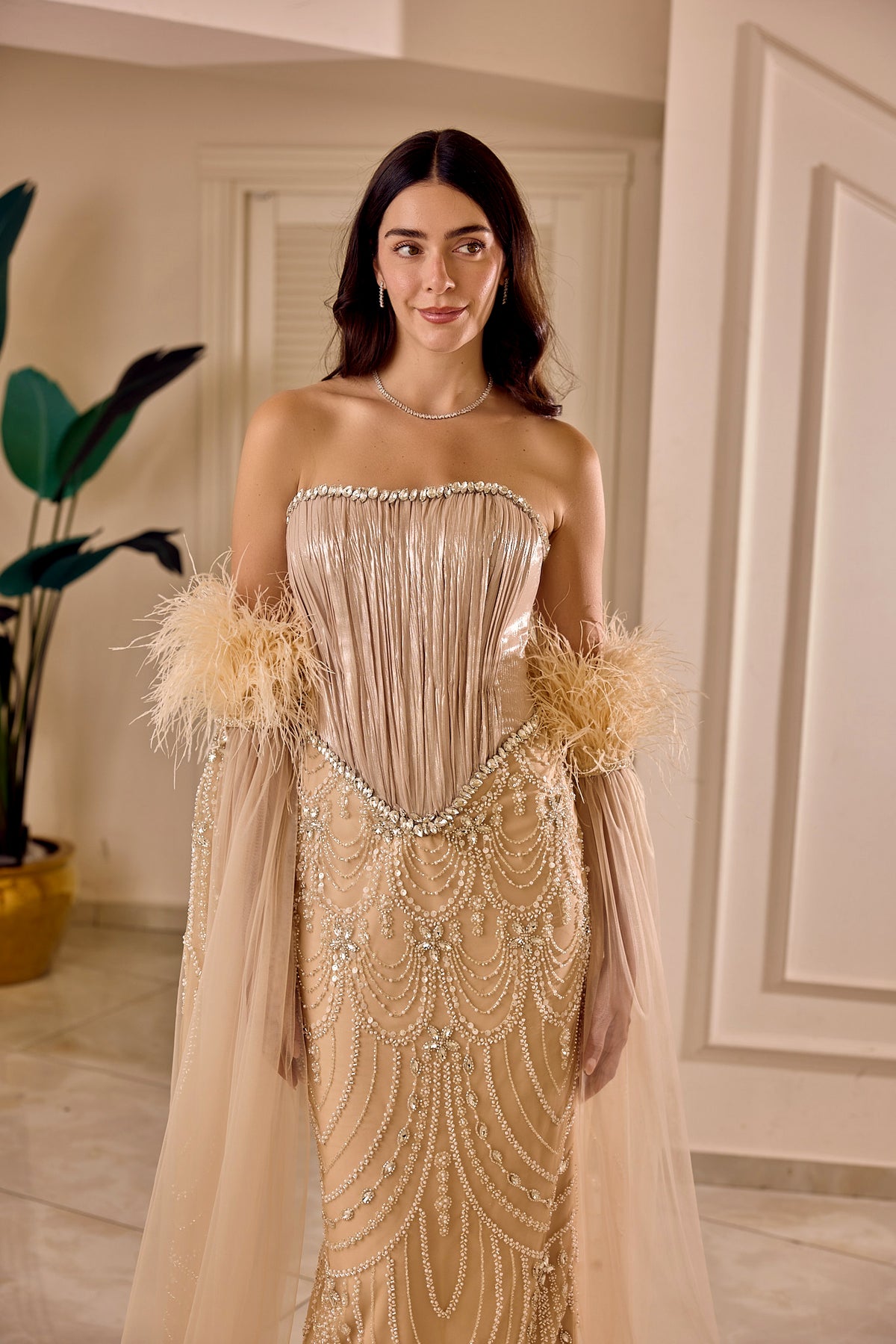 Novaria – Crystal Draped Couture Evening Gown in Nude Champagne