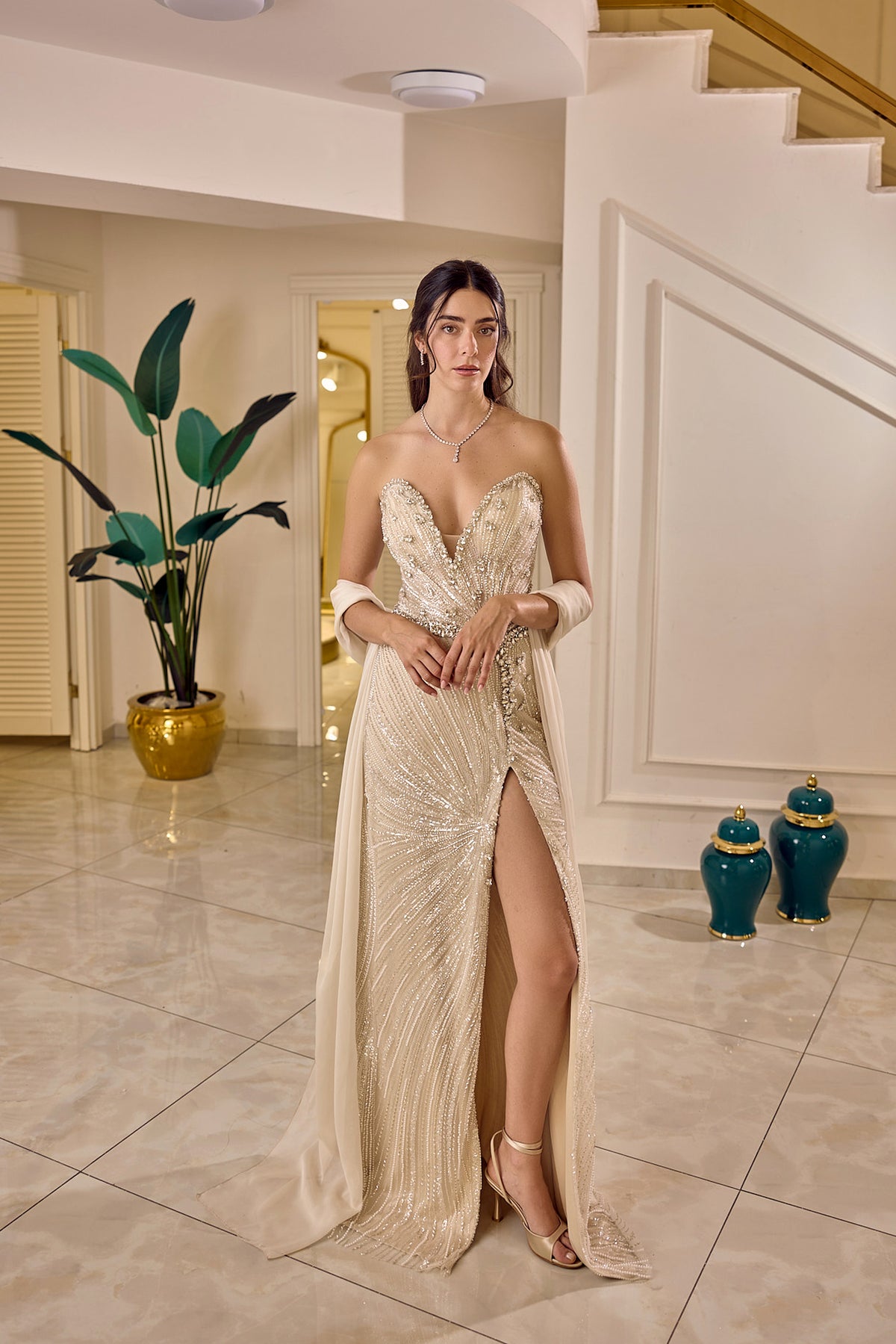 Belladore – Embellished High-Slit Couture Evening Gown