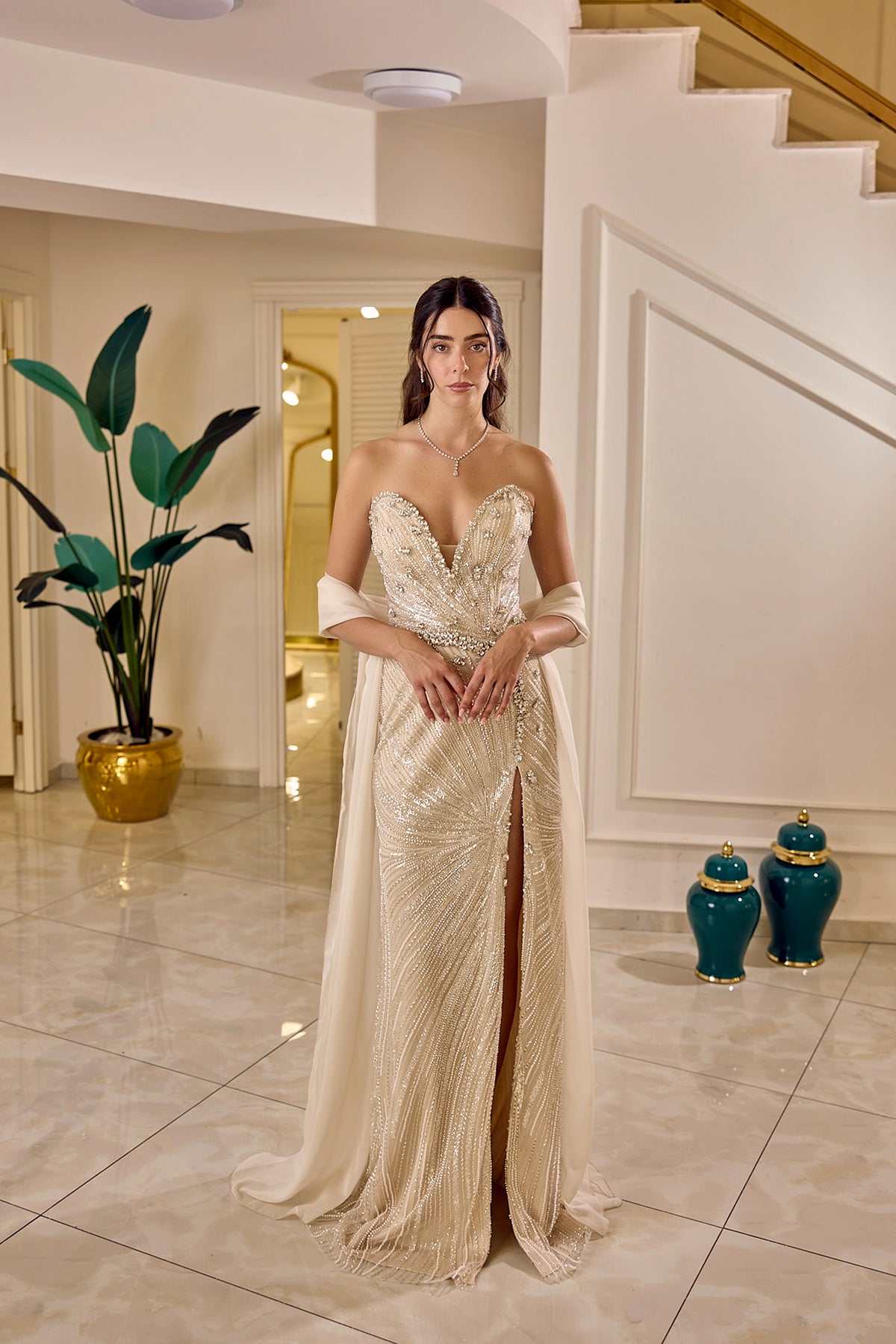 Belladore – Embellished High-Slit Couture Evening Gown