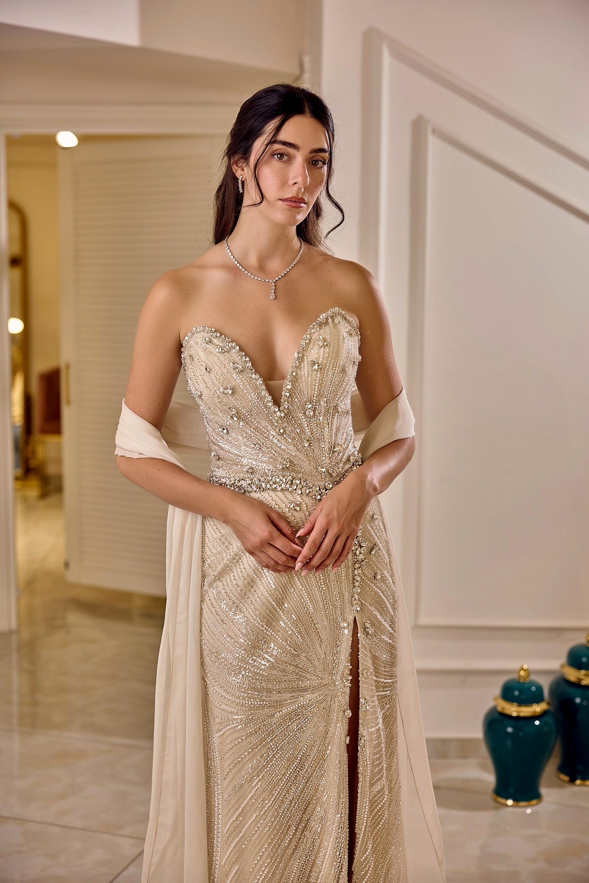Belladore – Embellished High-Slit Couture Evening Gown
