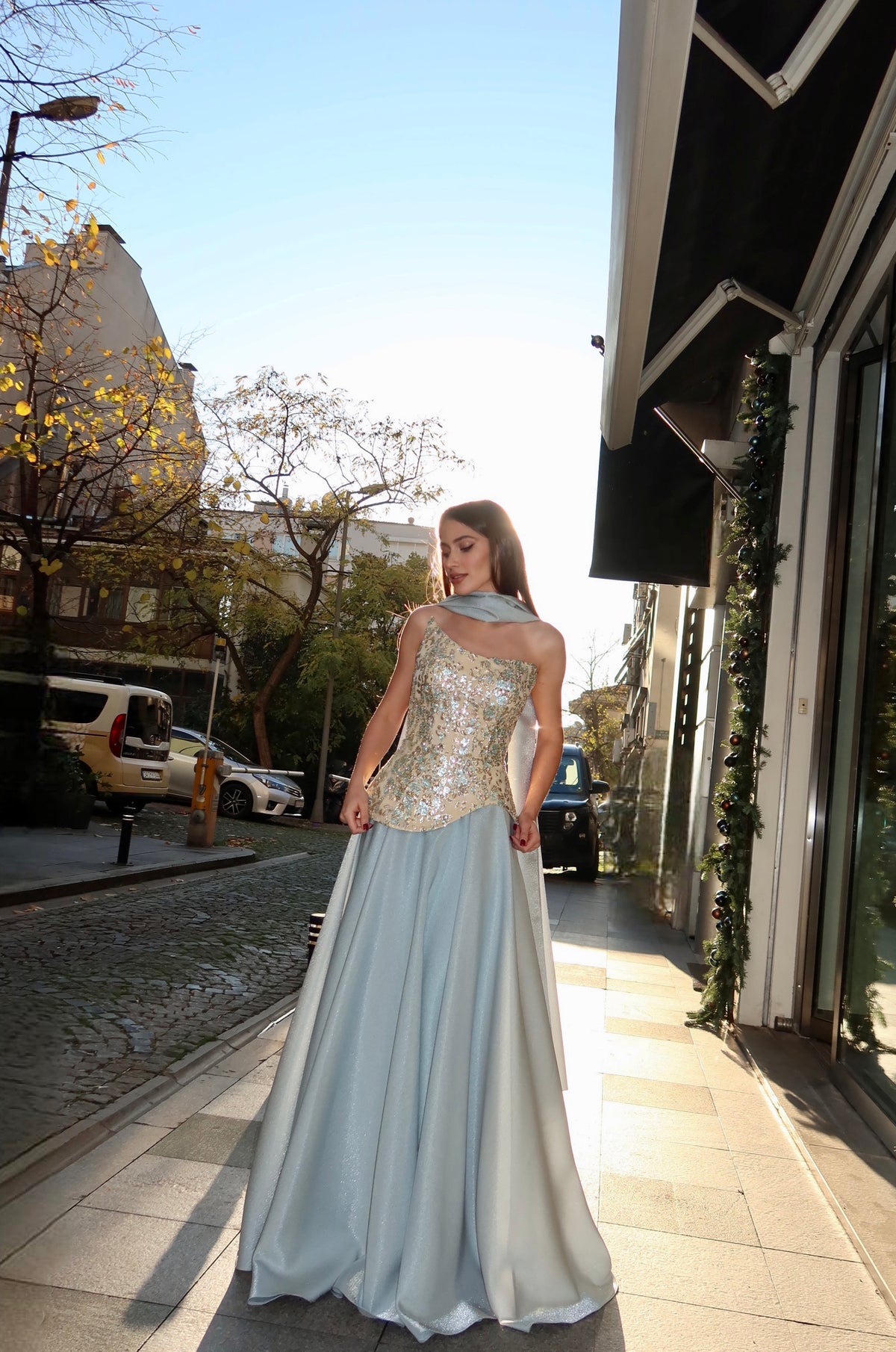 Violet’s Embellished Couture Evening Gown in Ice Blue & Champagne