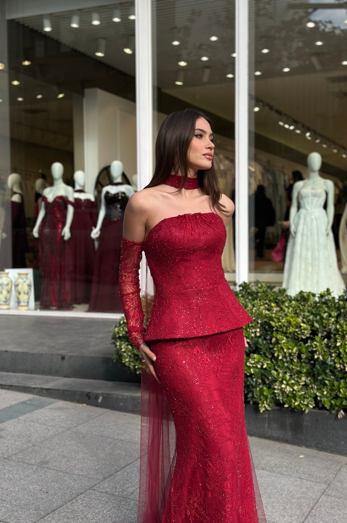 Charlotte Lace Corset Evening Gown in Ruby Red