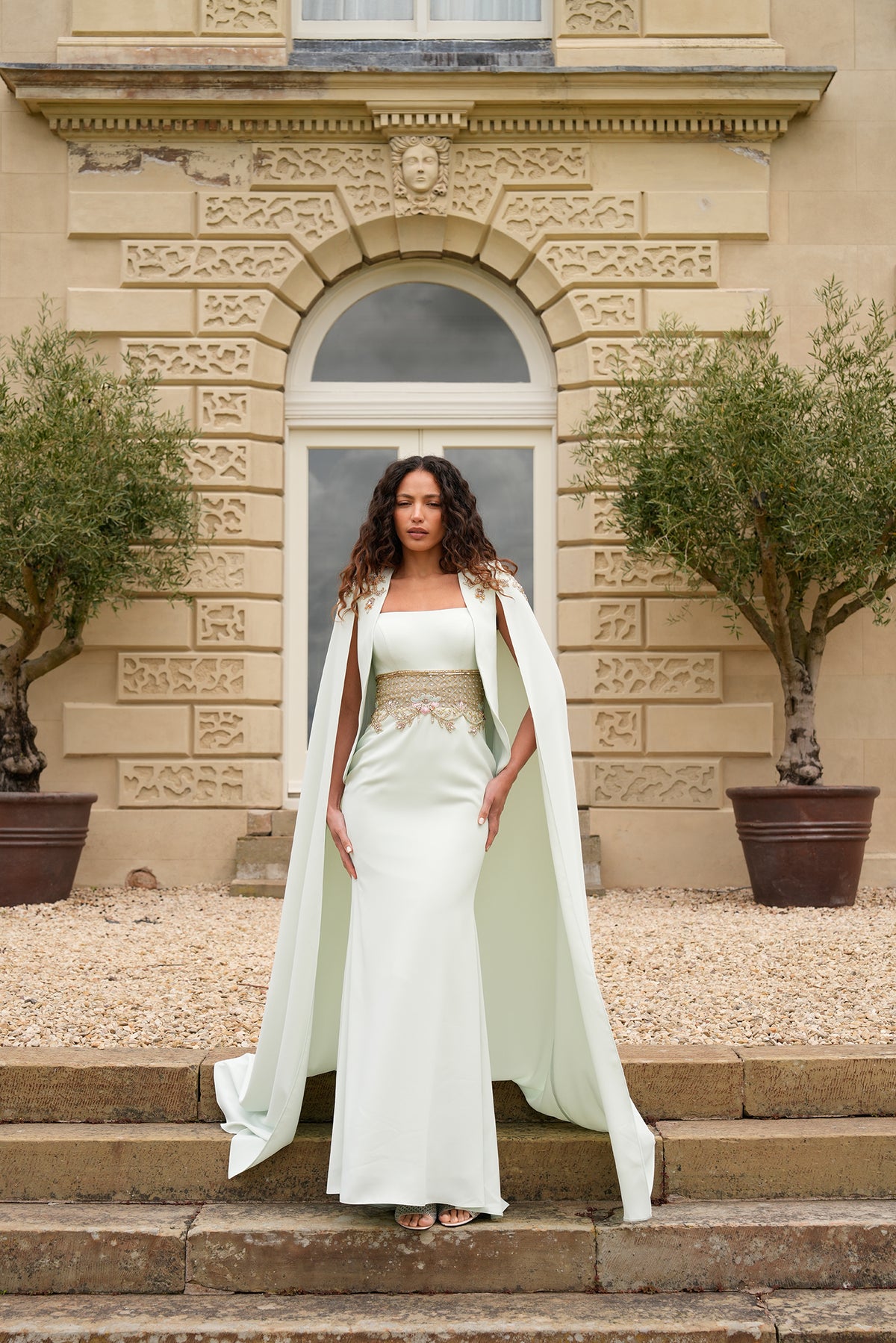 Eliora Embellished Cape Evening Gown — full-length front view of the couture silhouette