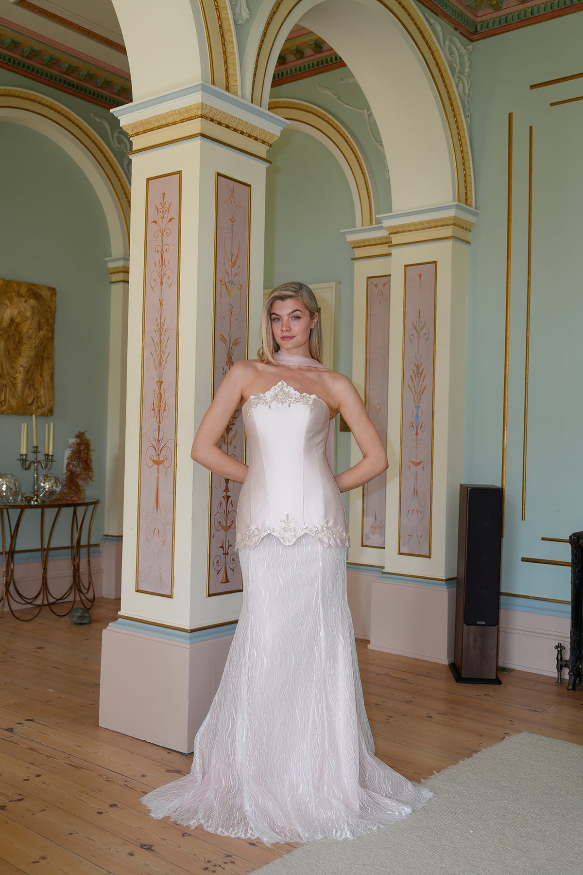 Orlena Embellished Corset Evening Gown — full-length front view of the couture silhouette