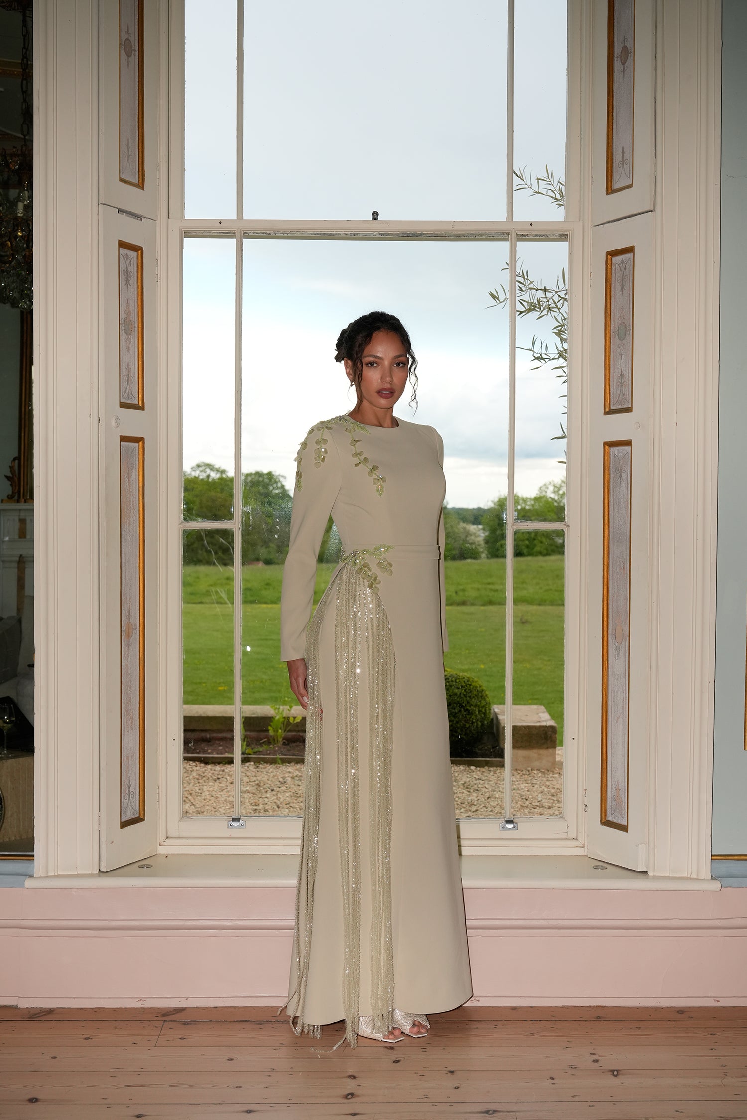 Willow Modest Couture Evening Gown with Pleated Embellished Panel