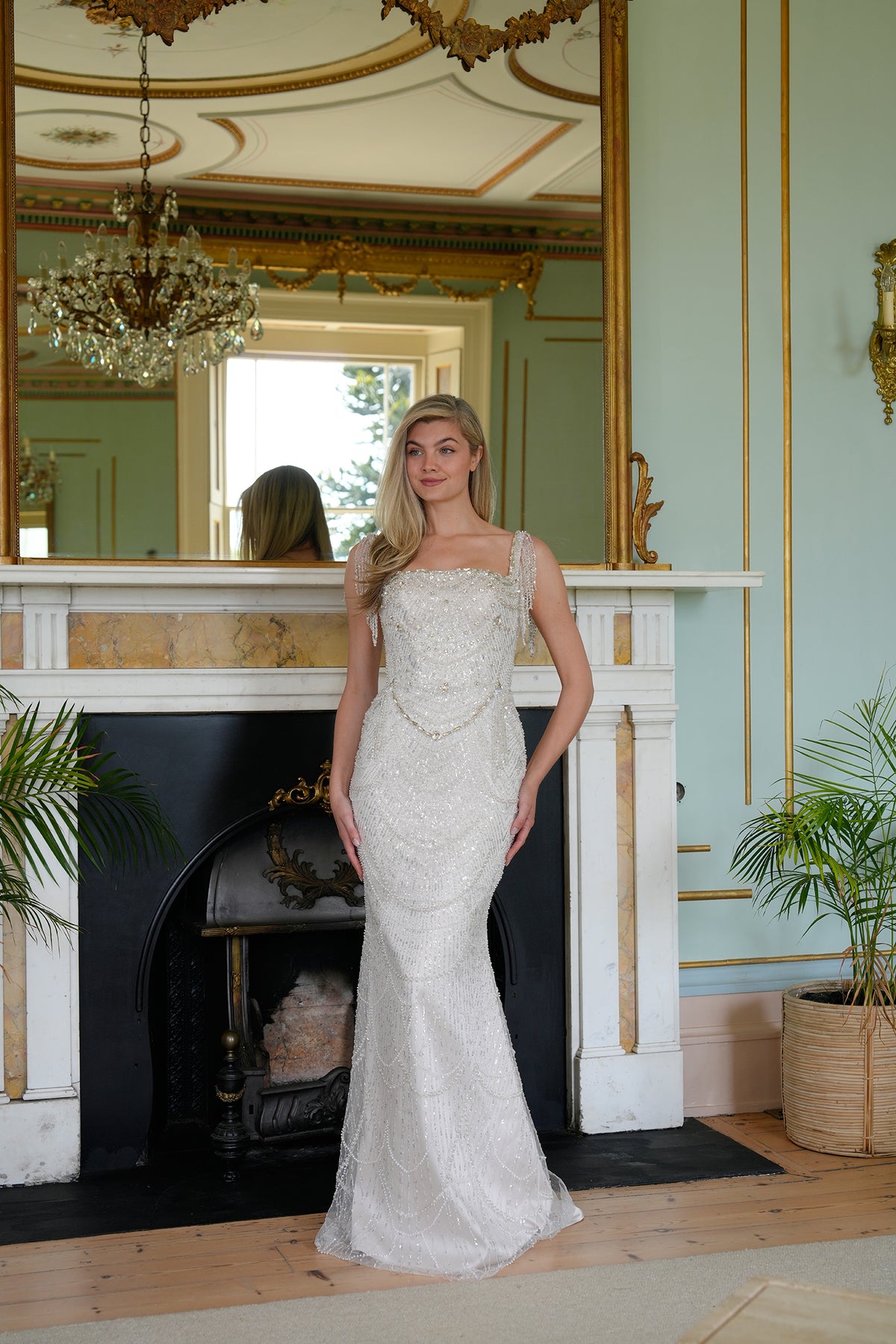 Virelle Crystal-Embellished Mermaid Evening Gown in Ivory — full-length front view of the couture silhouette