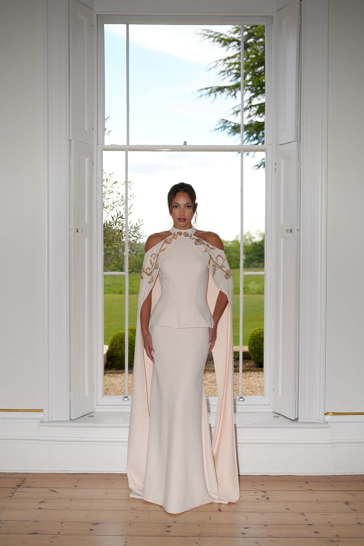 Isabelle Embroidered Cape Evening Gown