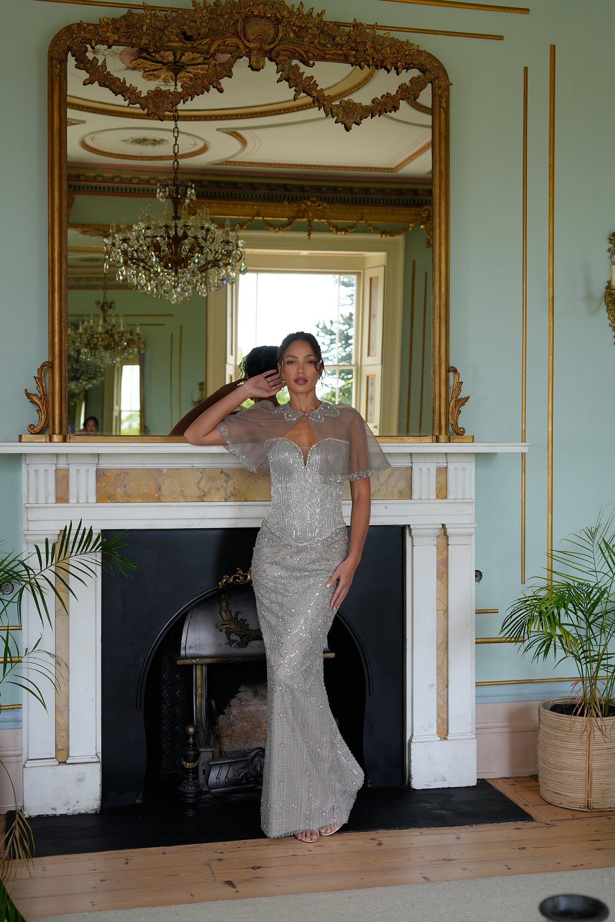 Velmira Crystal-Embellished Cape Evening Gown — full-length front view of the couture silhouette