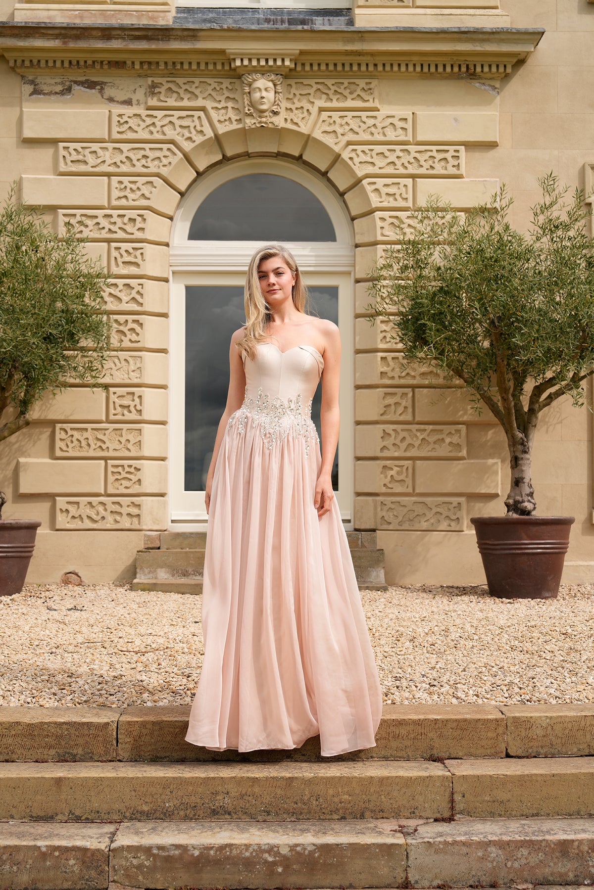 Avielle Crystal-Embellished Chiffon Evening Gown — full-length front view of the couture silhouette