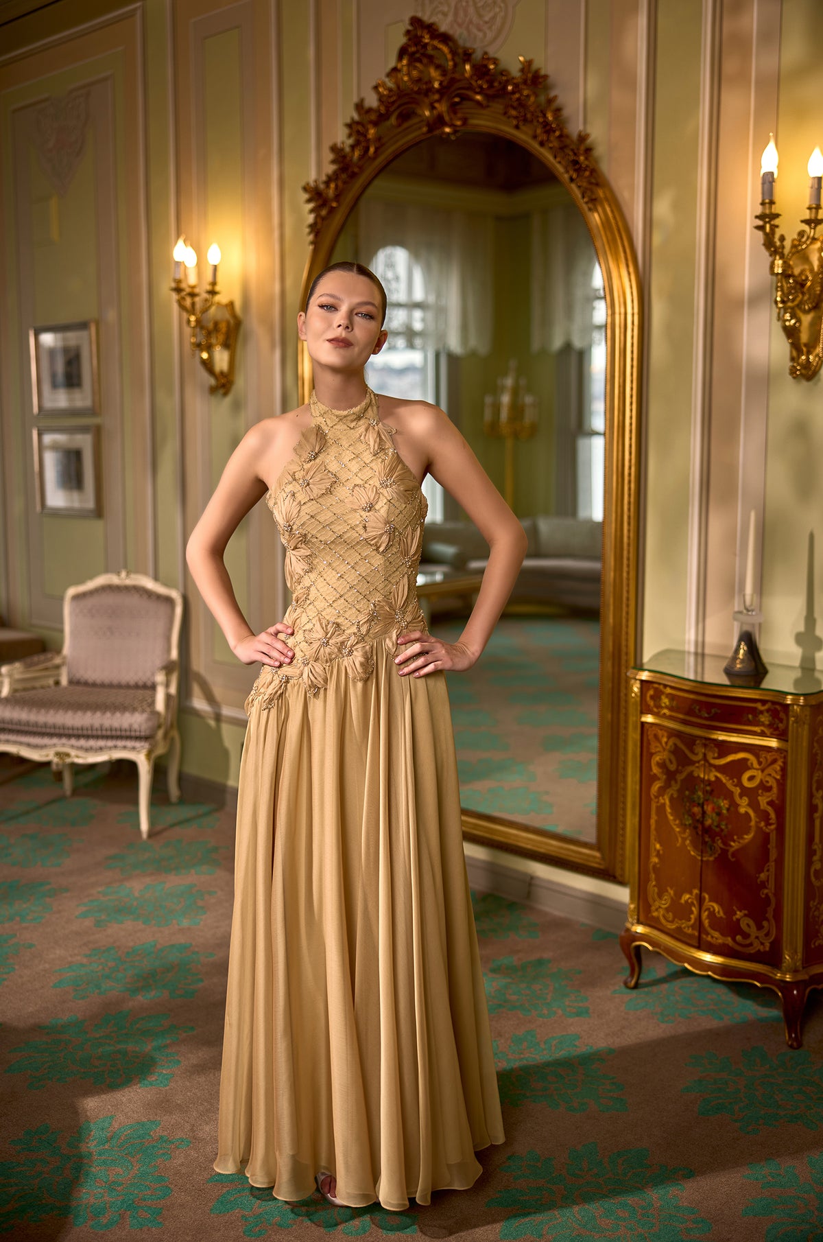 Gloria Gold Halter Neck Embellished Chiffon Evening Gown