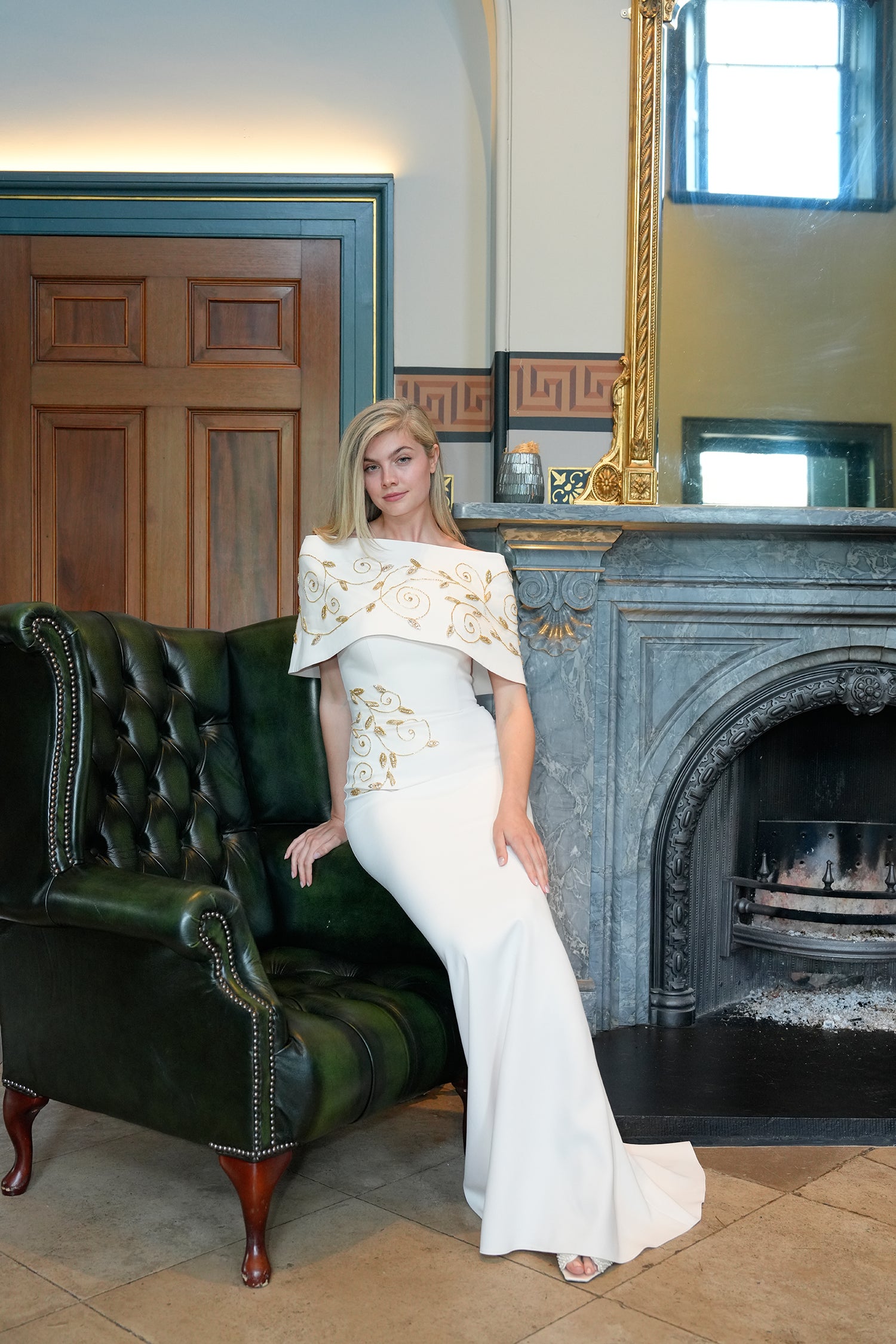 Lillian’s Embellished Off-Shoulder Evening Gown in Sage Green