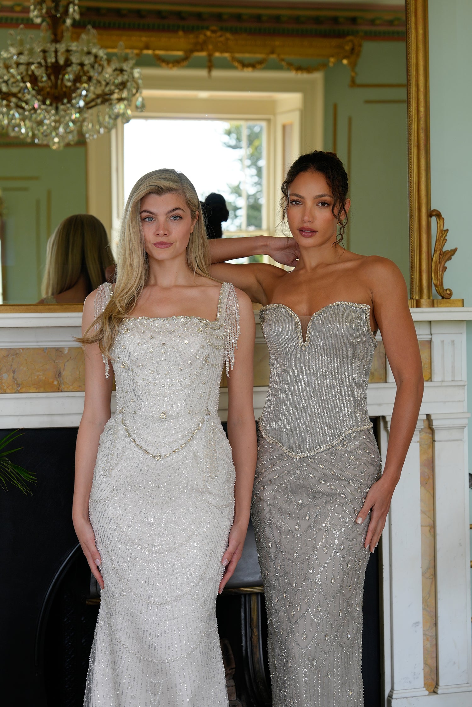 Velmira Crystal-Embellished Cape Evening Gown — close-up of the neckline and embellishment