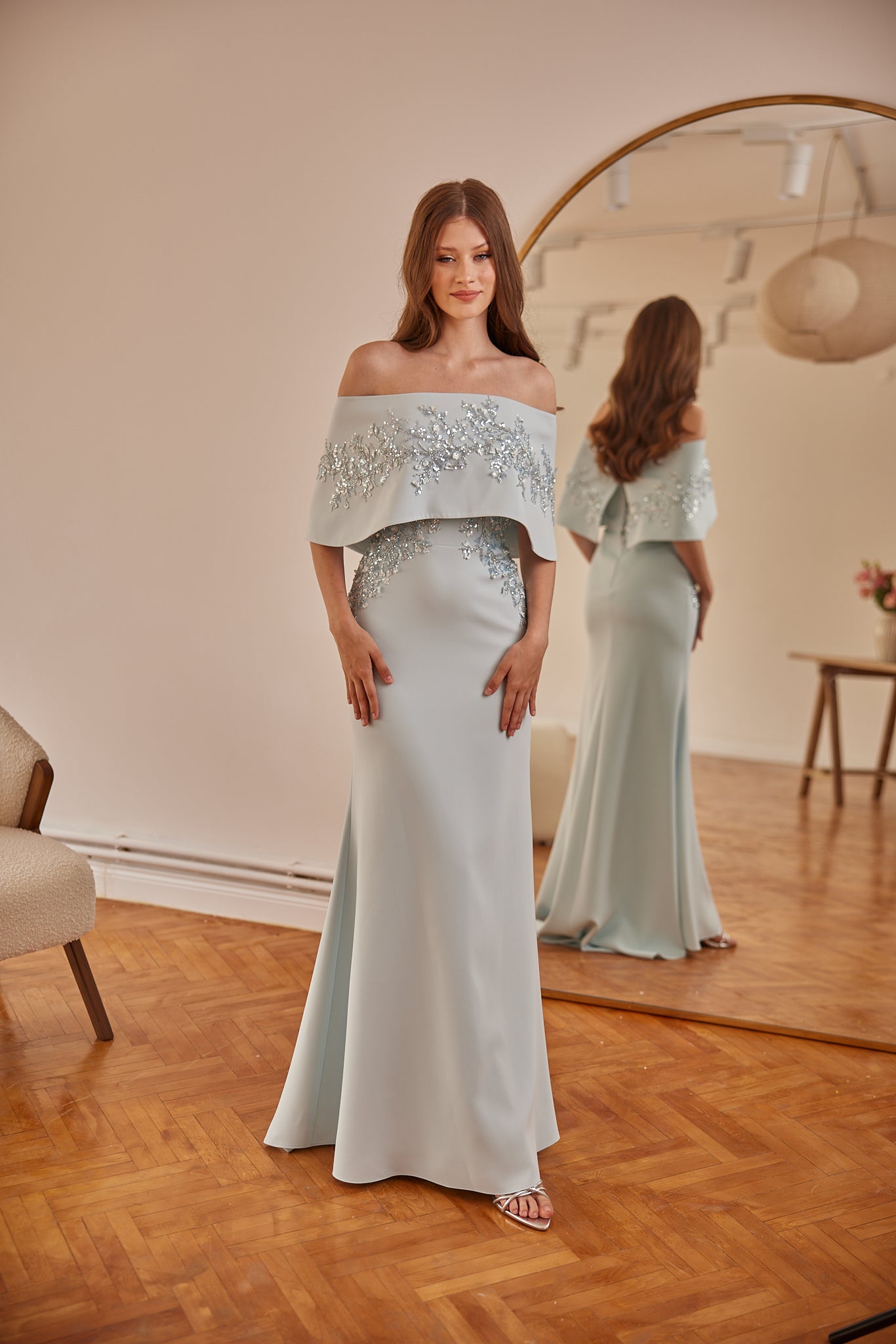 Lillian’s Embellished Off-Shoulder Evening Gown in Sage Green