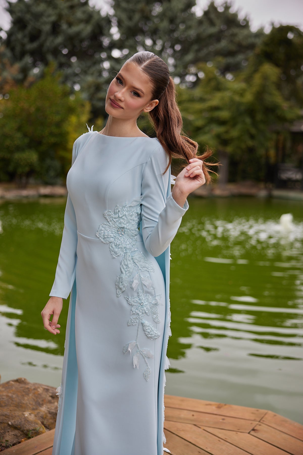 Audrey Long Sleeve Powder Blue Modest Evening Gown