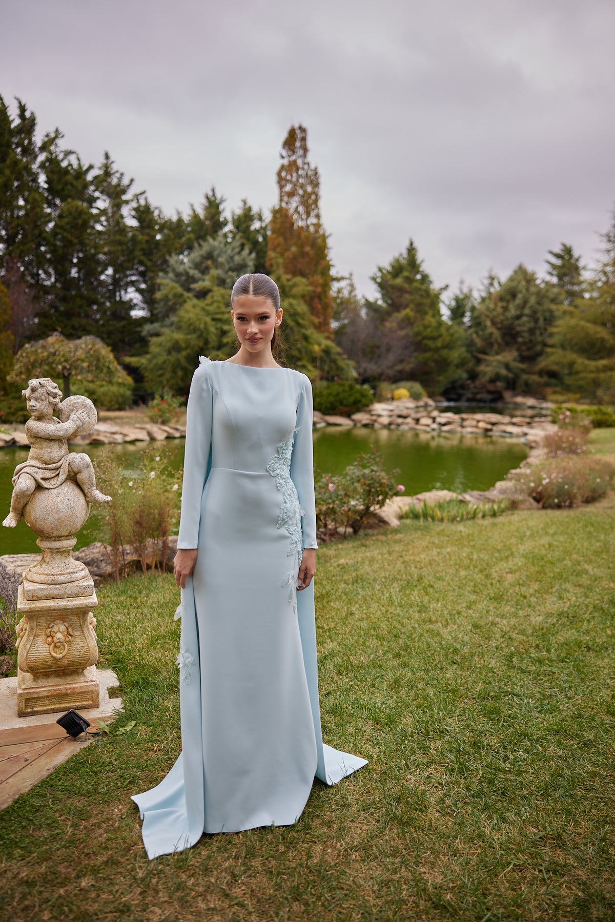 Audrey Long Sleeve Powder Blue Modest Evening Gown