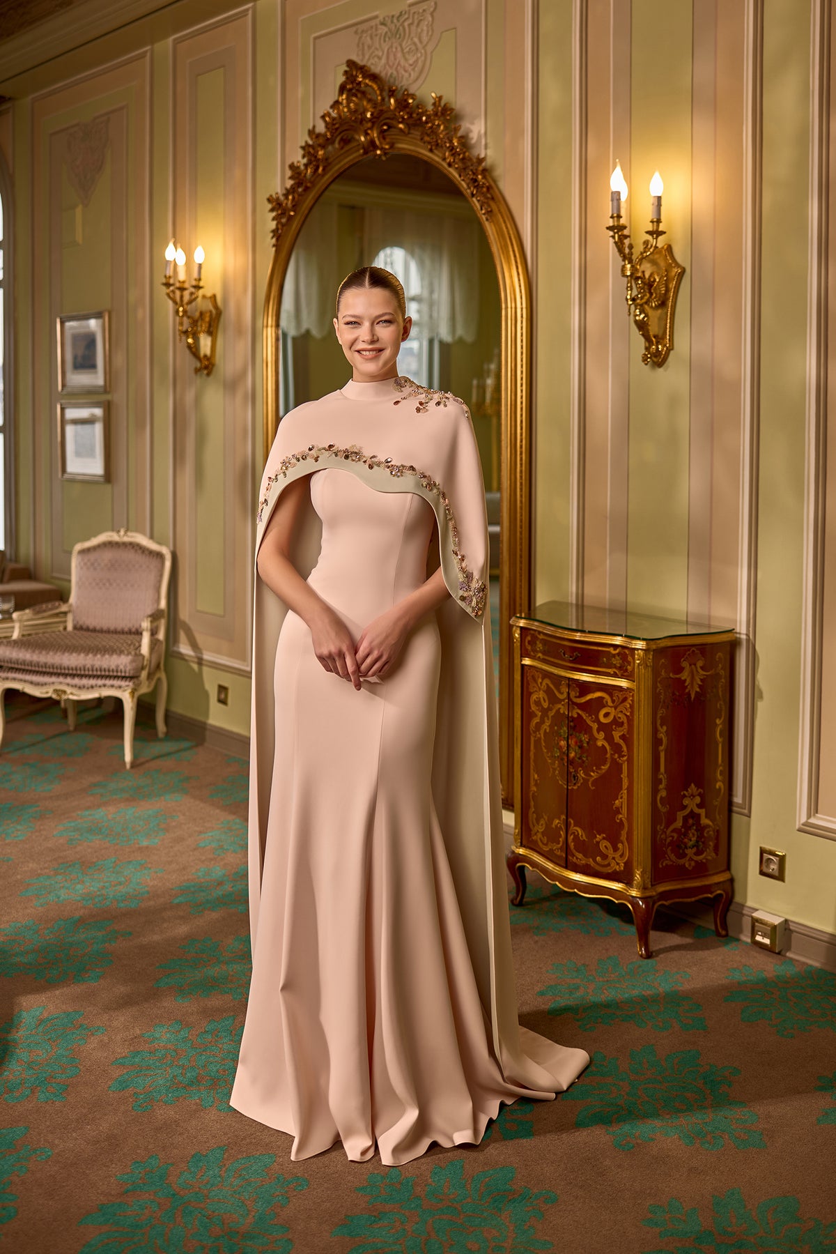 Gemma Embellished Cape Sleeve Modest Evening Gown