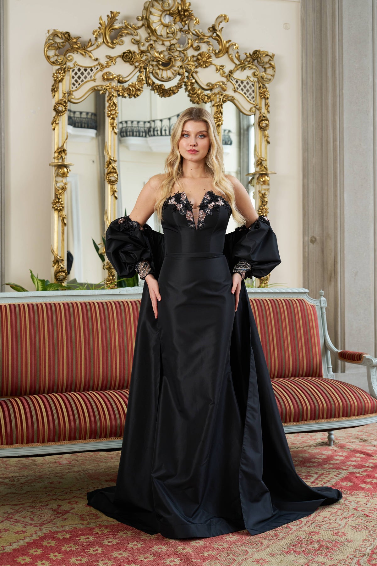 Cara Lace Detail Satin Couture Evening Gown
