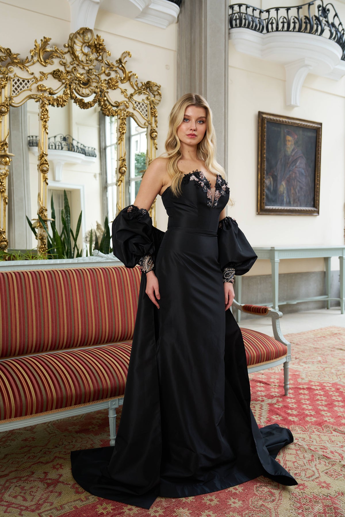 Cara Lace Detail Satin Couture Evening Gown