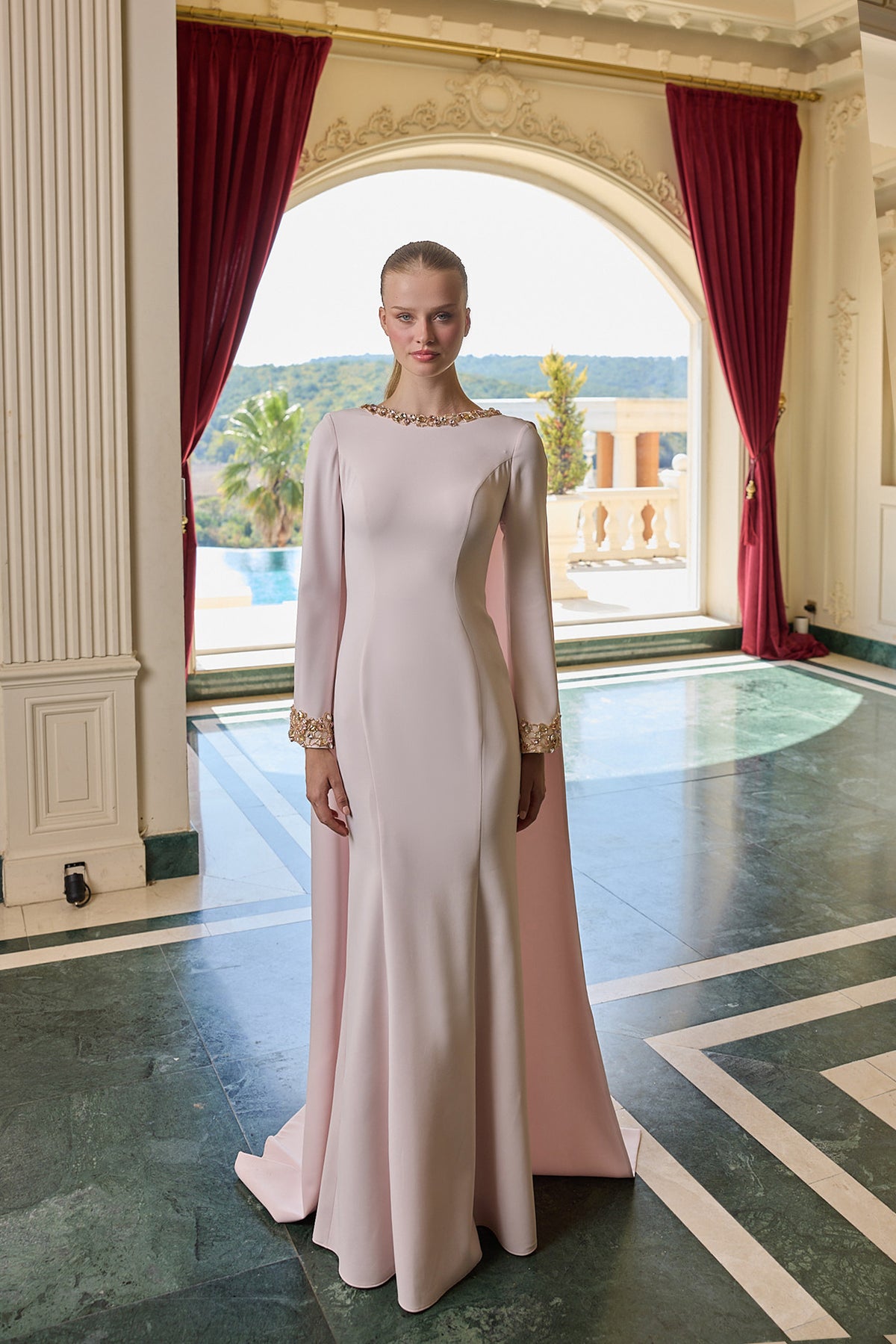 Lorelei Gold Embellished Cape Evening Gown