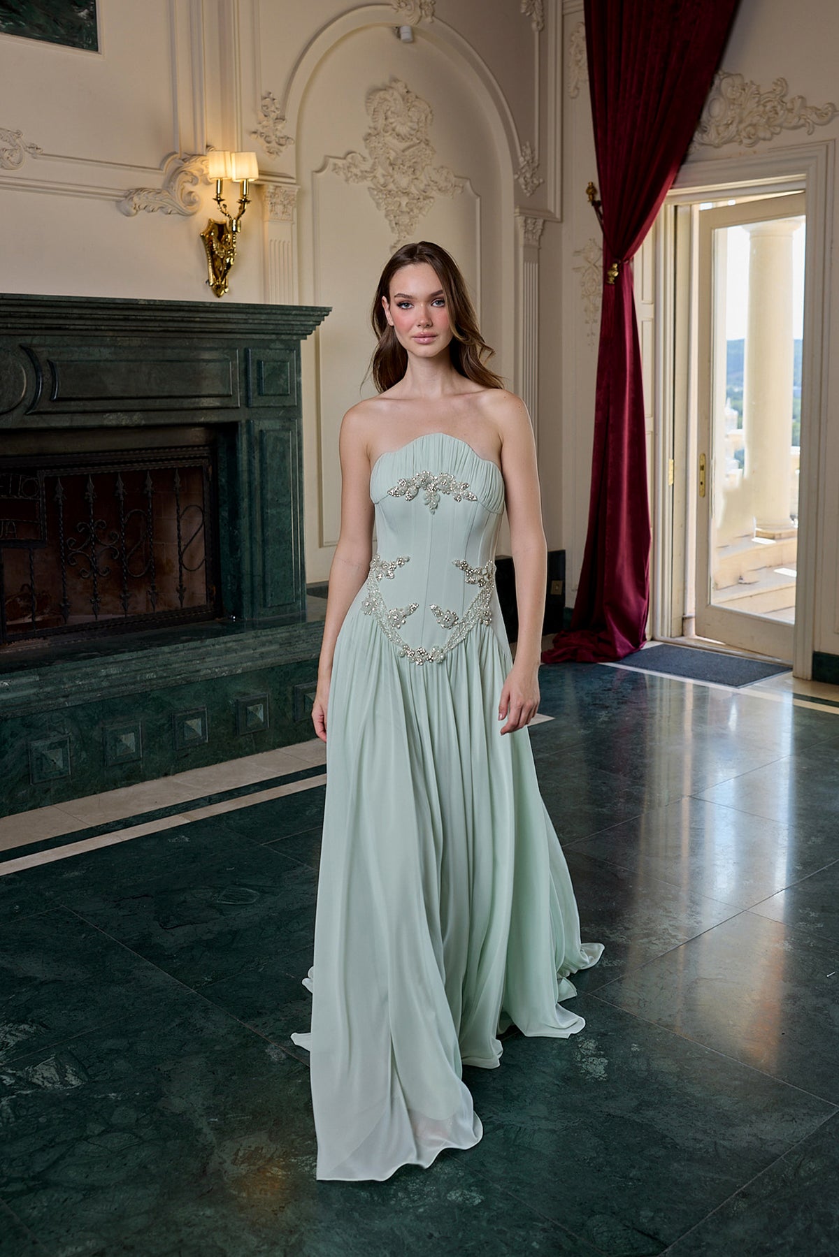 Estelle Crystal Embellished Strapless Evening Gown