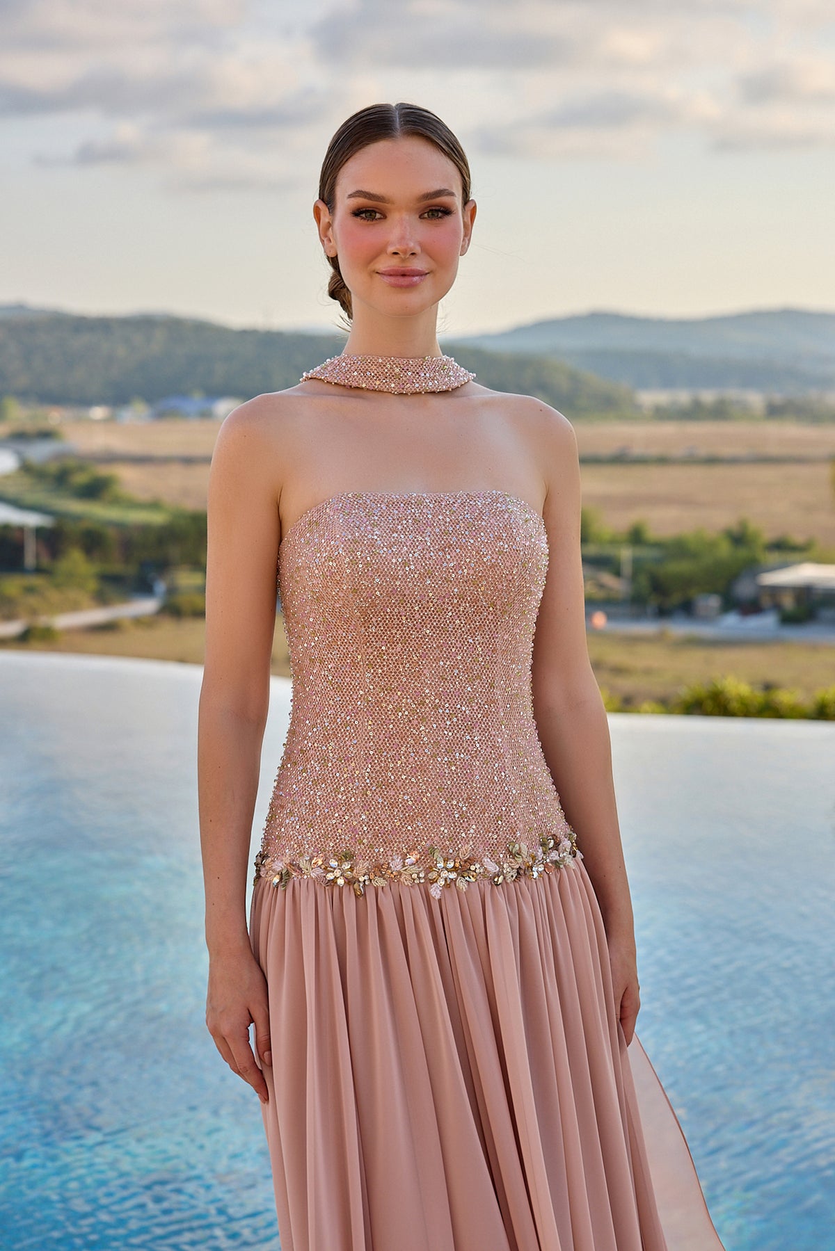 Beatrice Crystal Embellished Strapless Evening Gown