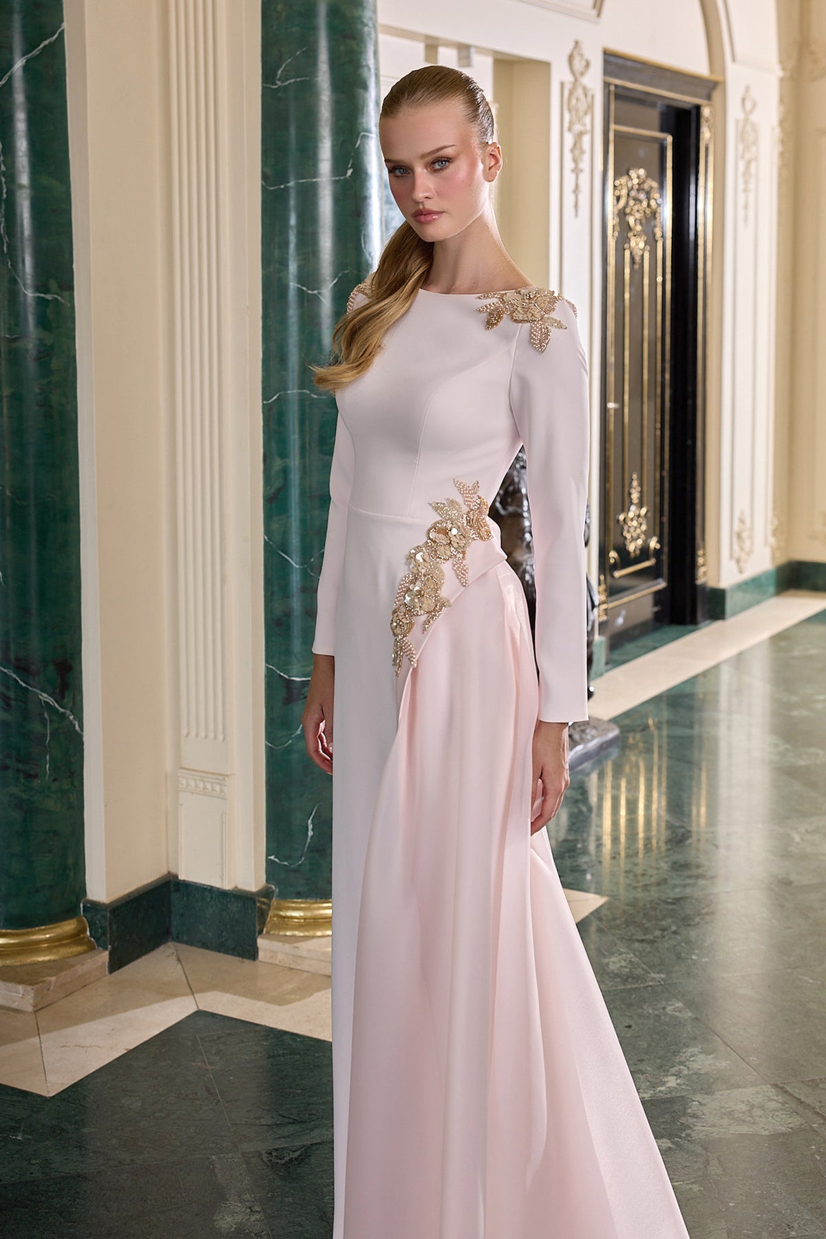 Lilou Gold Embellished Long Sleeve Evening Gown
