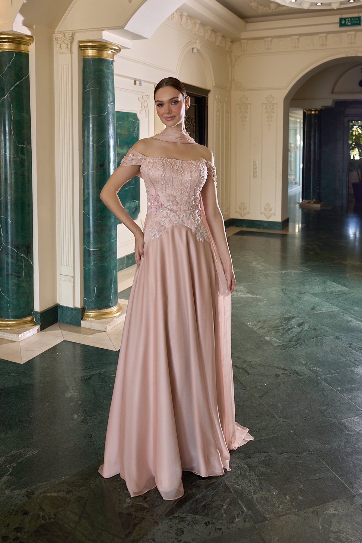 Odessa Floral Embellished Off-Shoulder Evening Gown