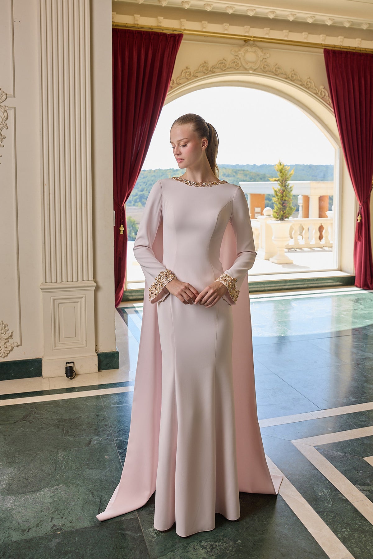 Lorelei Gold Embellished Cape Evening Gown