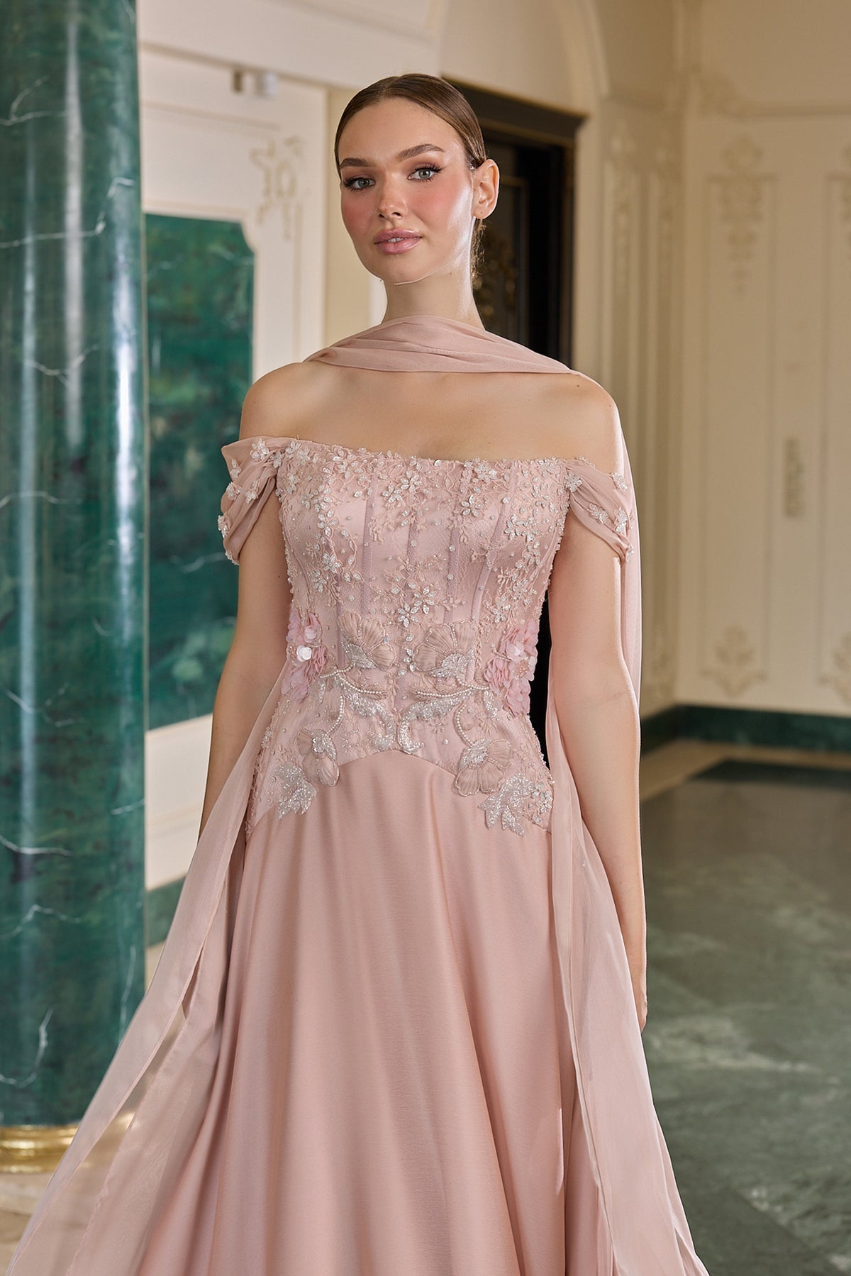 Odessa Floral Embellished Off-Shoulder Evening Gown