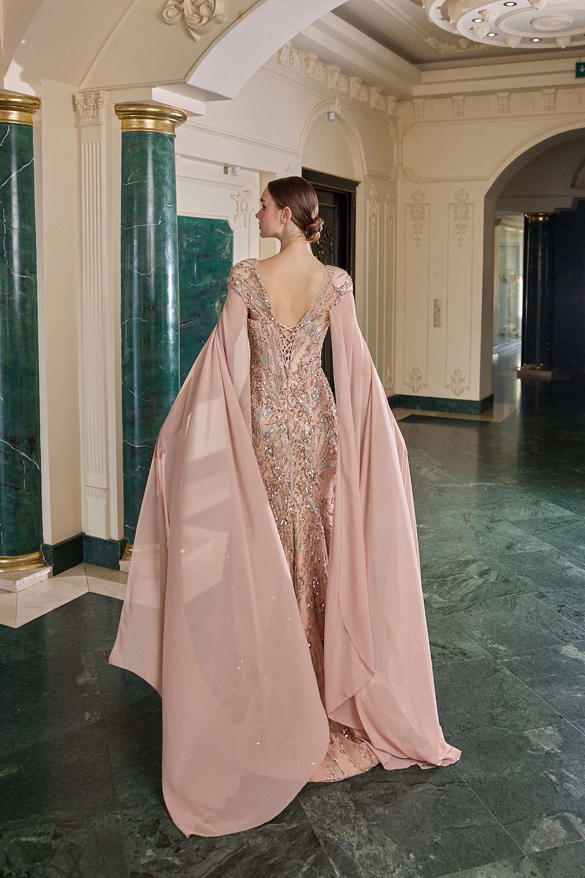 Lavinia Sequin Embellished Cape Evening Gown