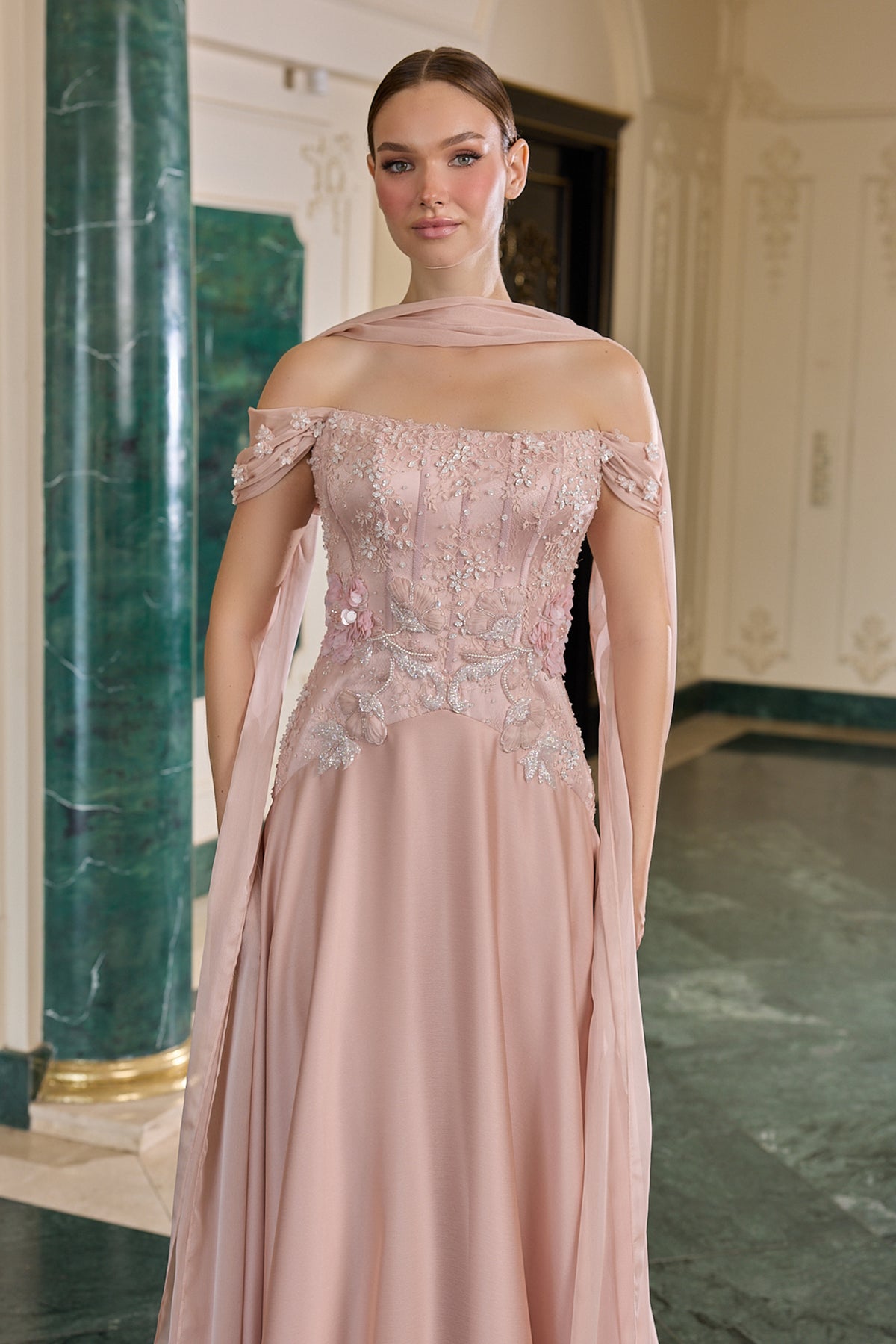 Odessa Floral Embellished Off-Shoulder Evening Gown