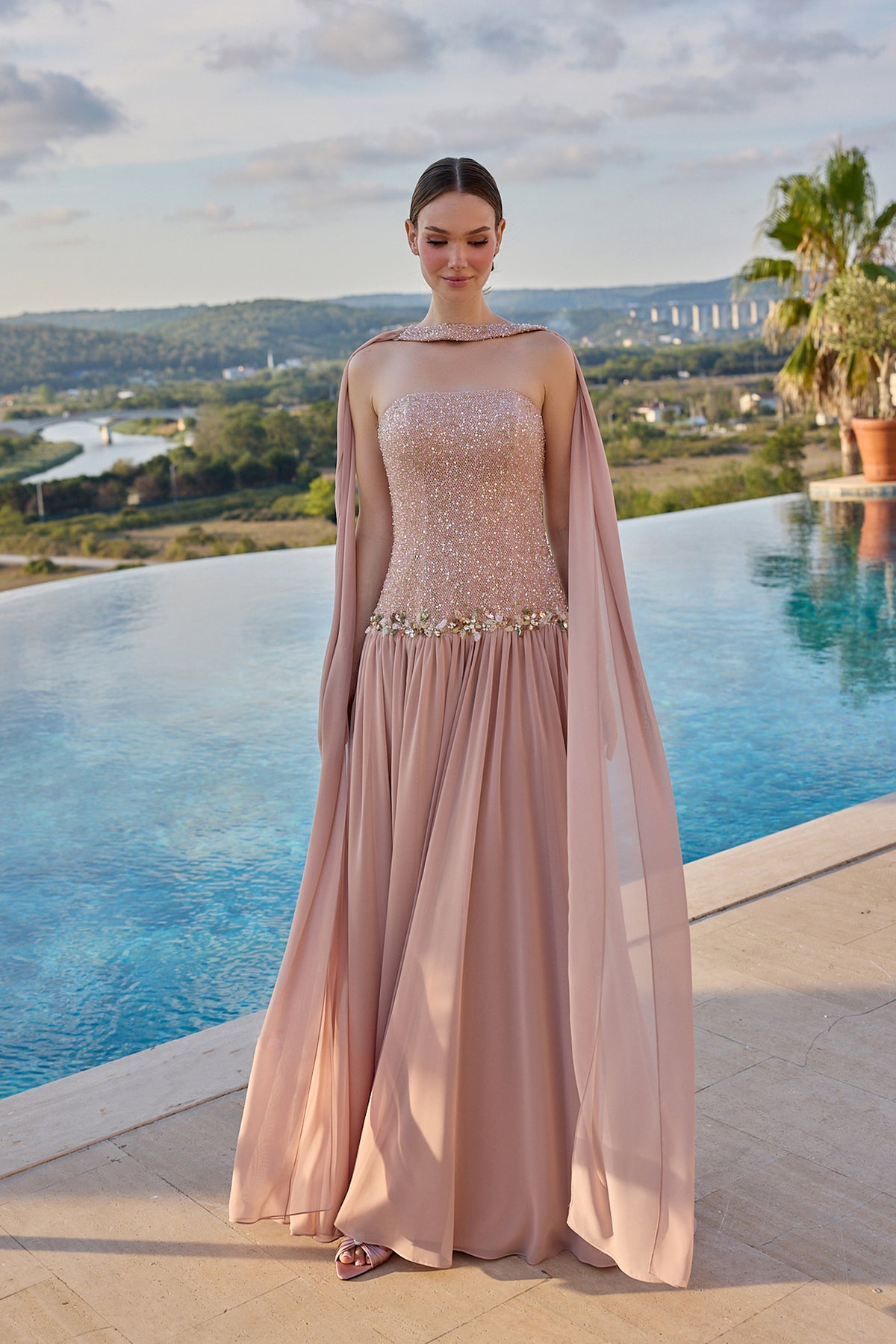 Beatrice Crystal Embellished Strapless Evening Gown