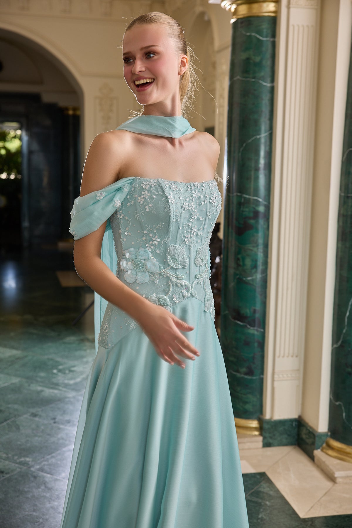 Odessa Floral Embellished Off-Shoulder Evening Gown