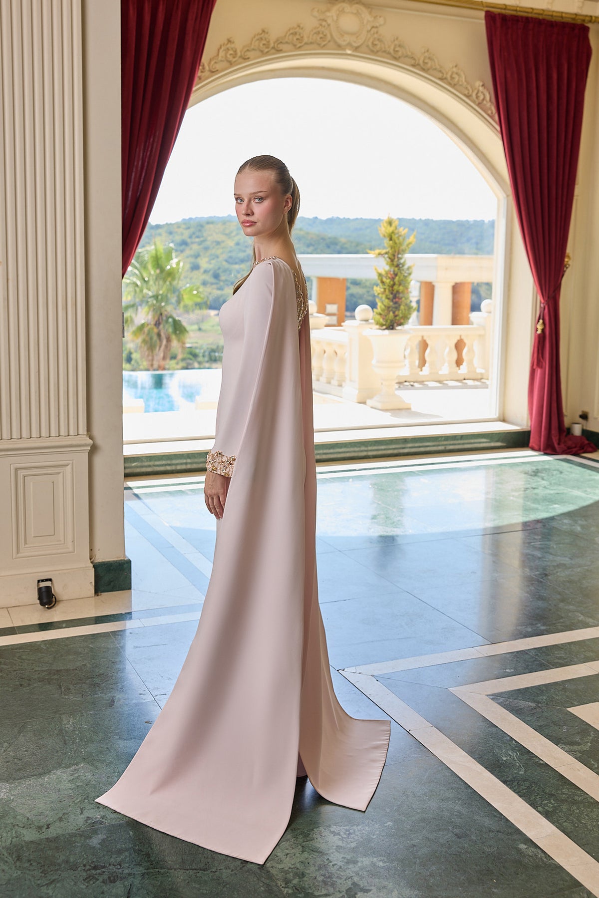 Lorelei Gold Embellished Cape Evening Gown