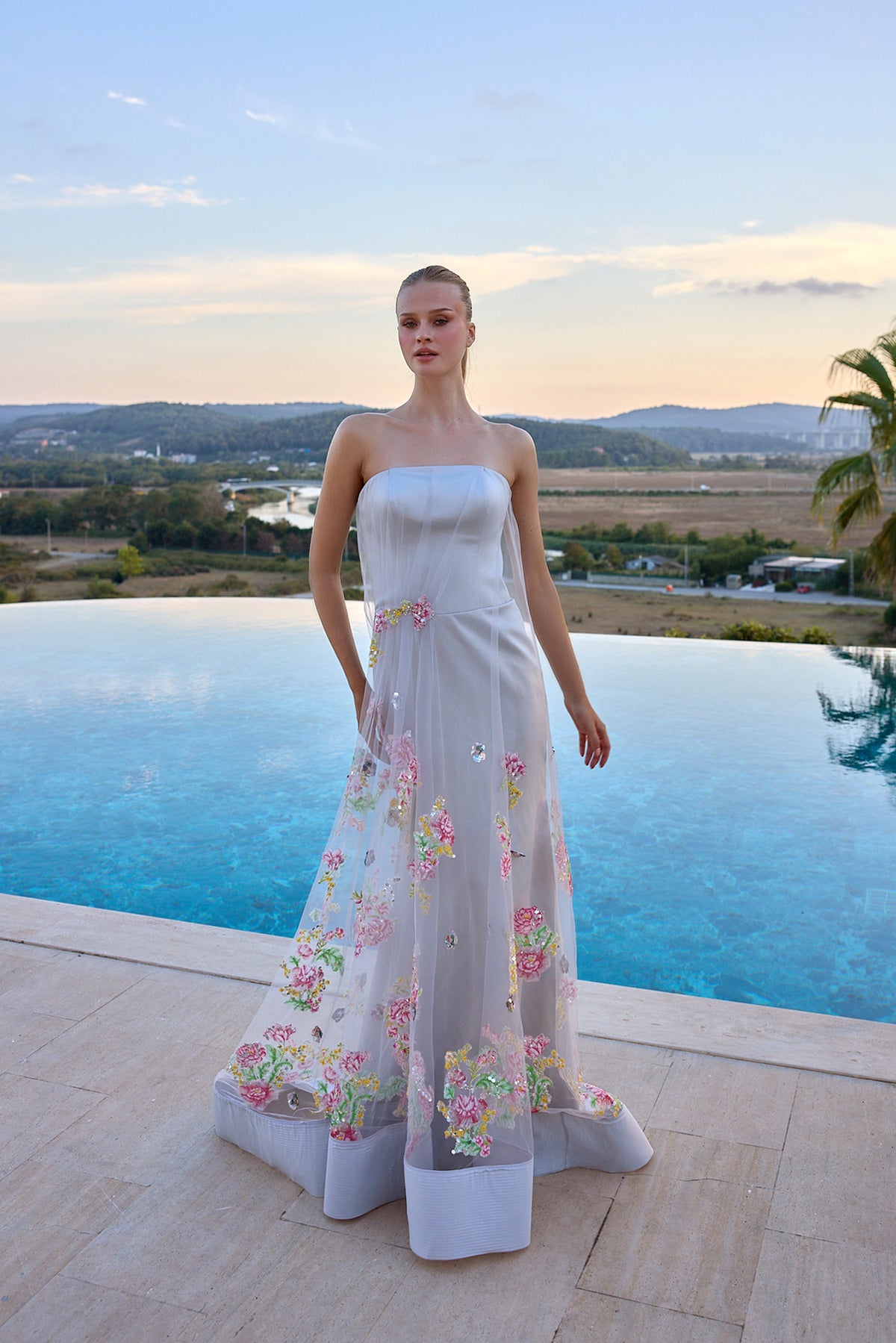 Camille Floral Embellished Strapless Evening Gown