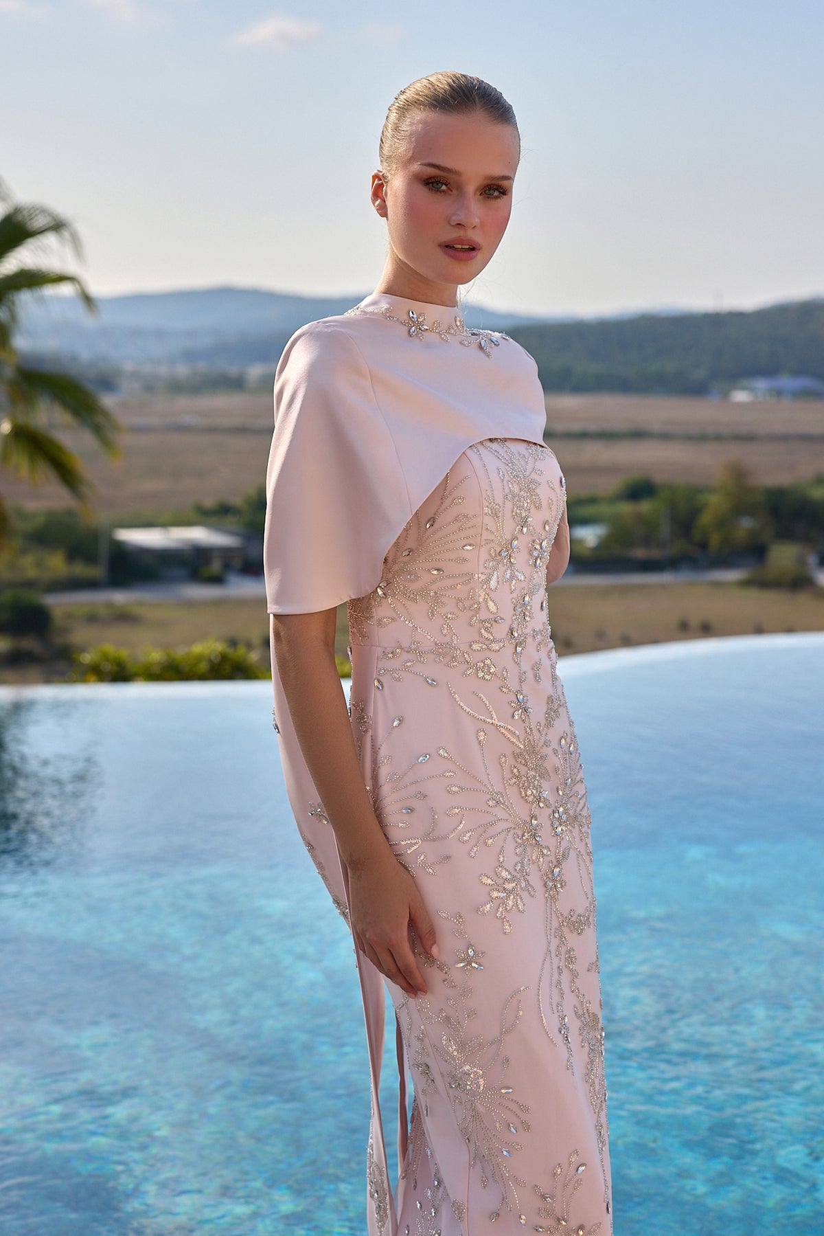 Cecelia Embellished Cape Evening Dress