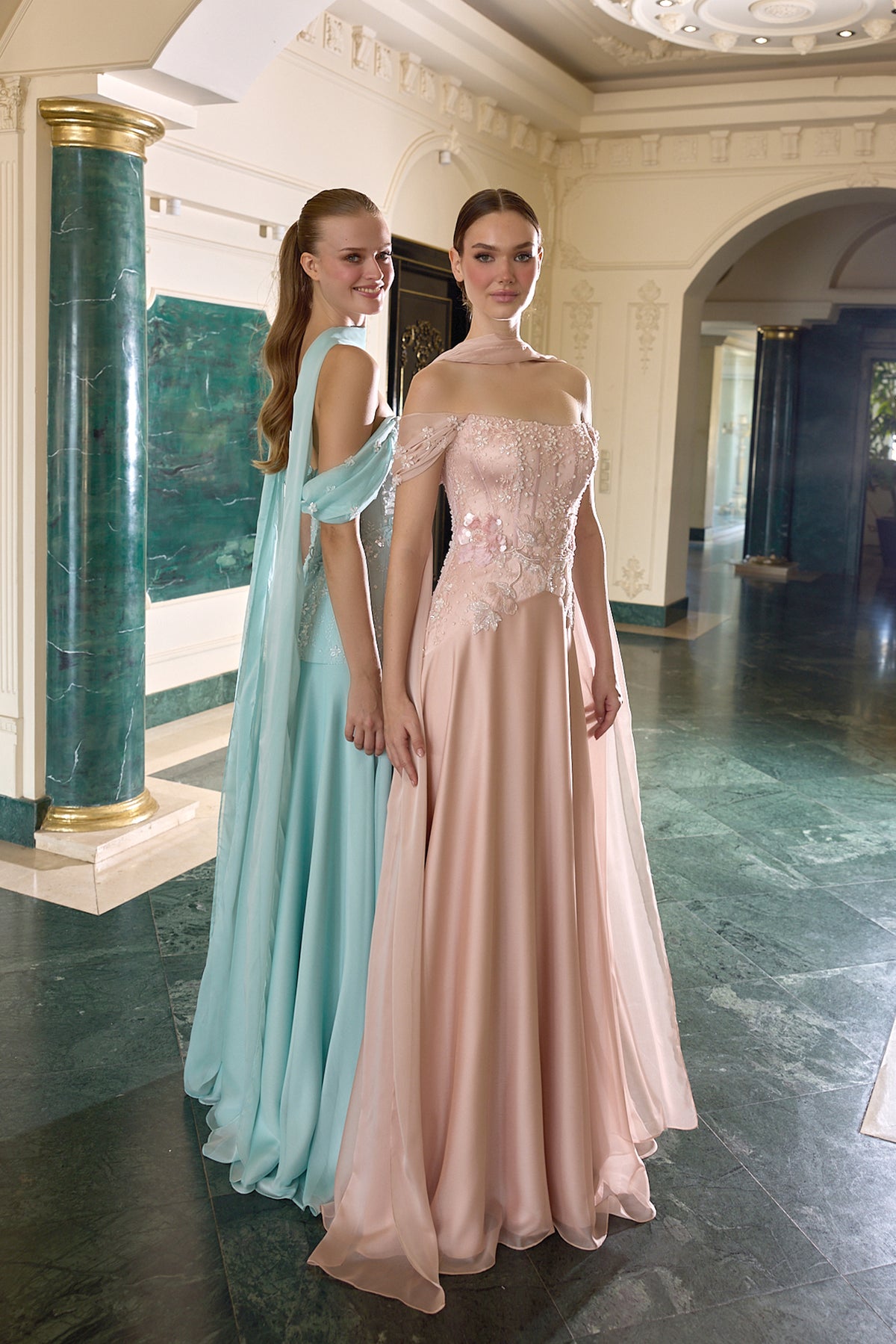 Odessa Floral Embellished Off-Shoulder Evening Gown
