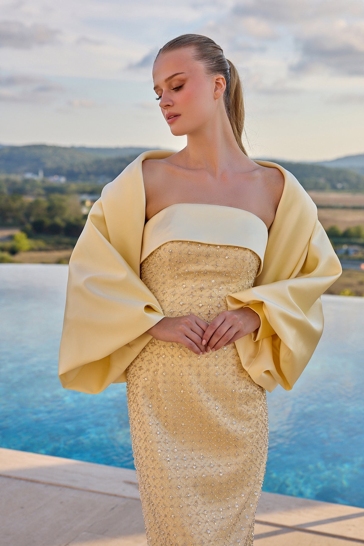 Bianca Crystal Embellished Cape Evening Gown