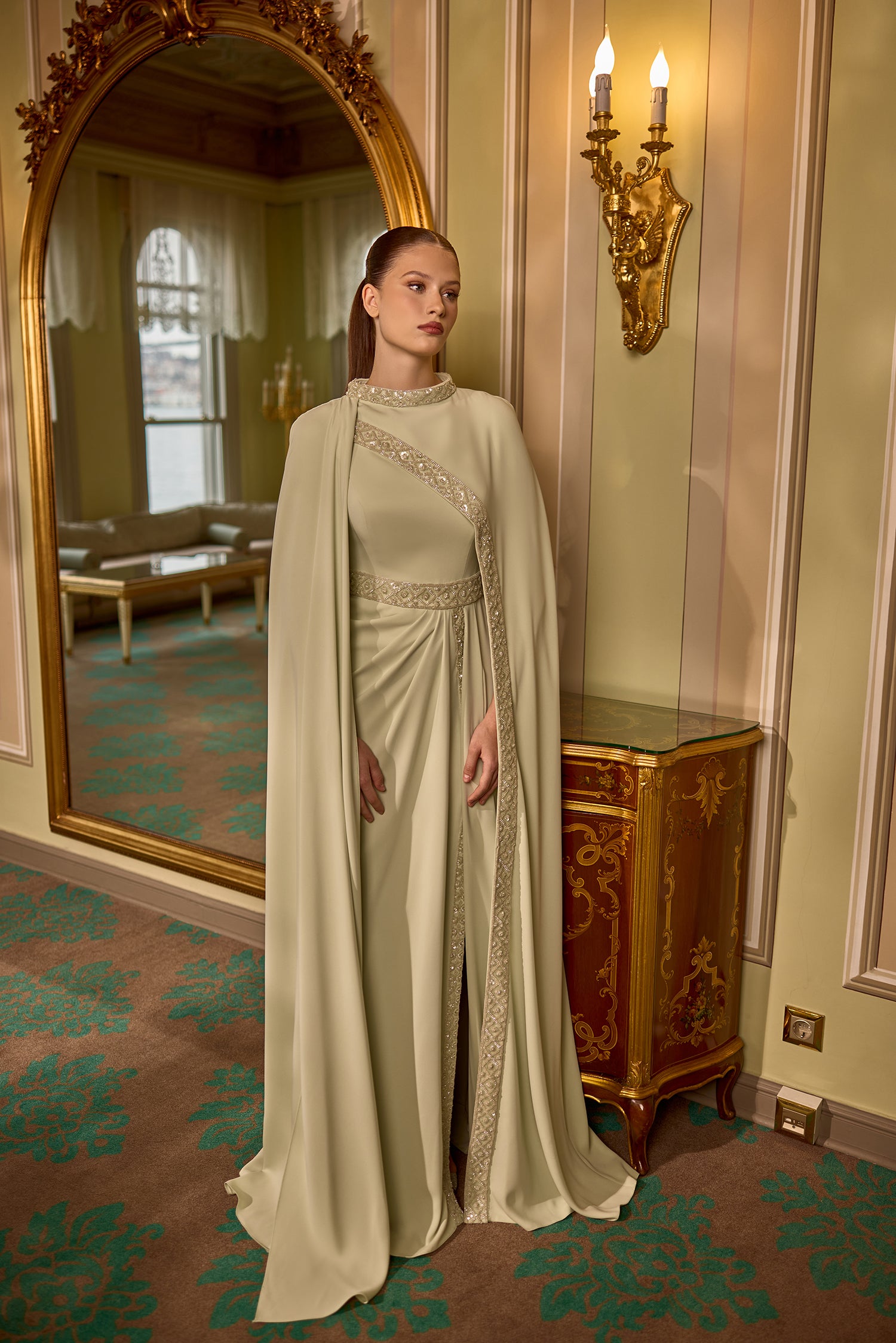 Bethany Modest Cape Sleeve Embellished Evening Gown – Soft Sage