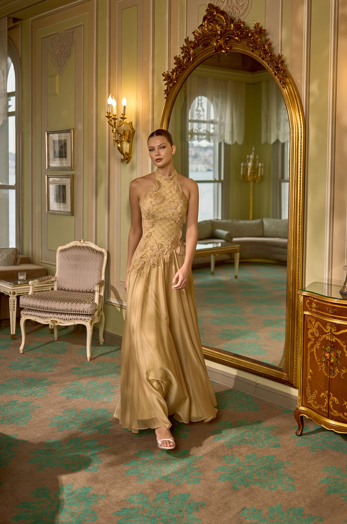 Gloria Gold Halter Neck Embellished Chiffon Evening Gown