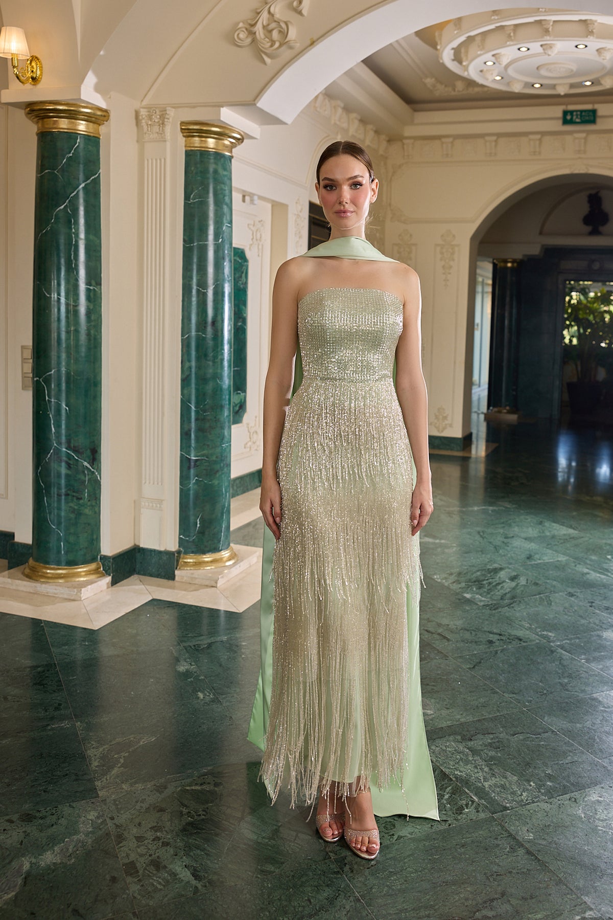 Paloma Embellished Fringe Strapless Evening Gown