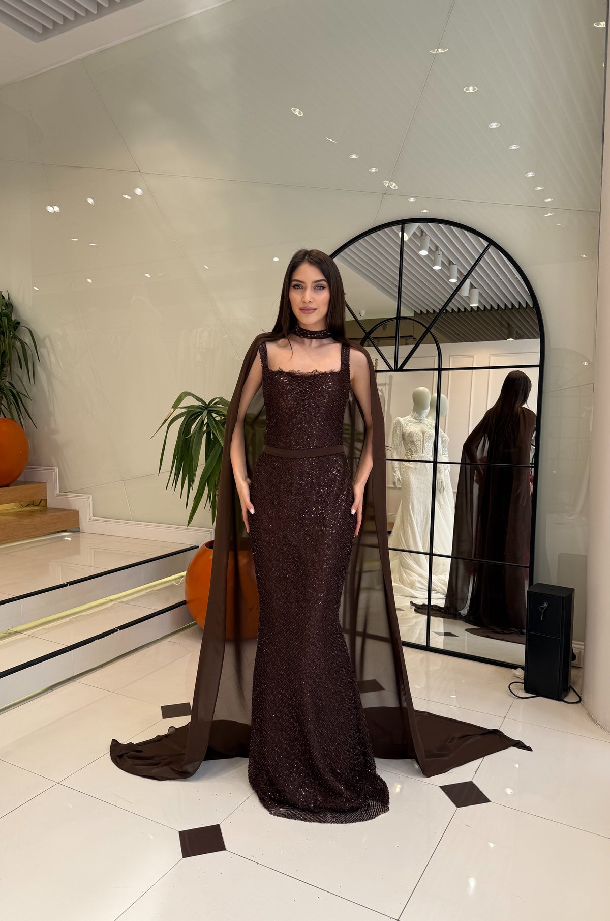 Noiré Draped Sequin Couture Evening Gown