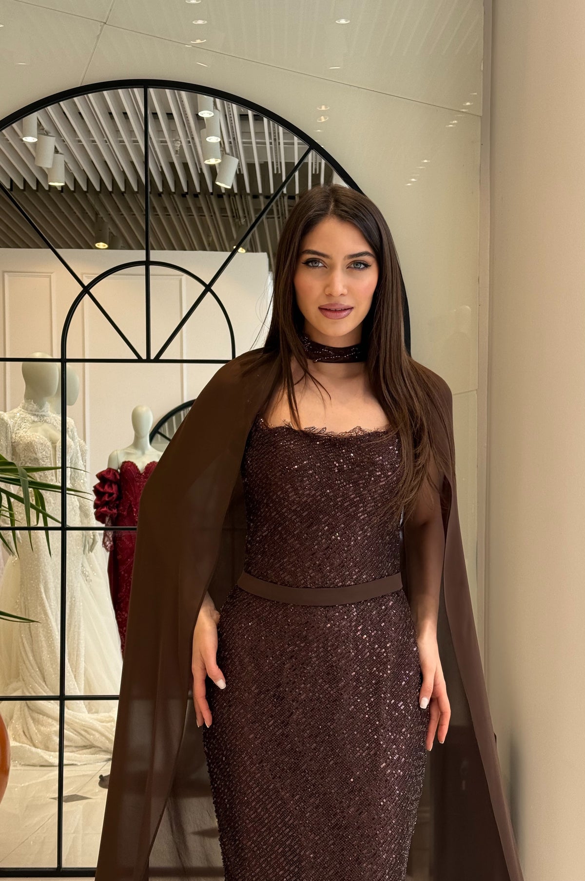 Noiré Draped Sequin Couture Evening Gown