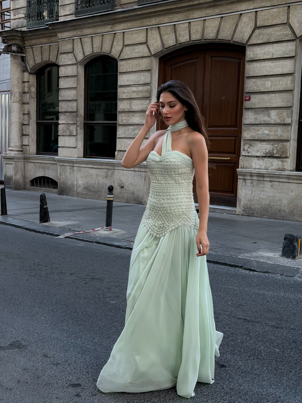 Amy Embellished Satin Couture Gown in Ivory