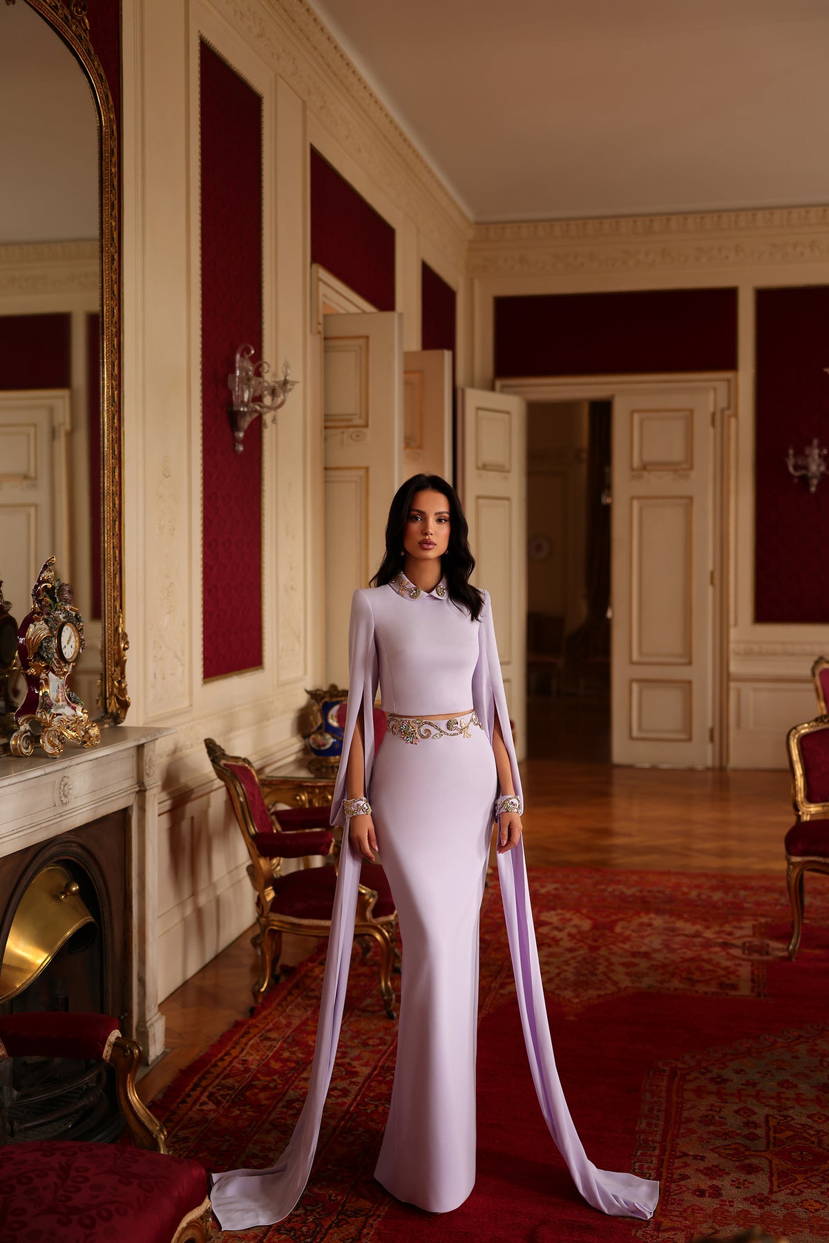 Giselle Embellished Cape Sleeve Couture Gown in Soft Lilac