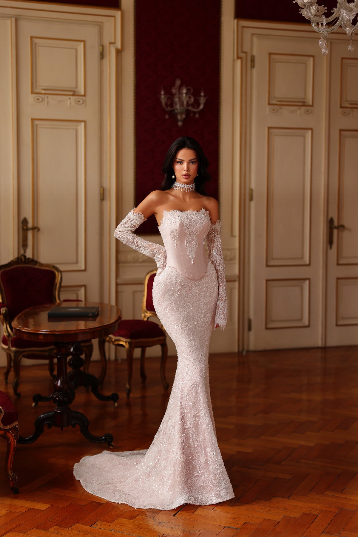 Bella Embellished Corset Couture Gown in Blush White
