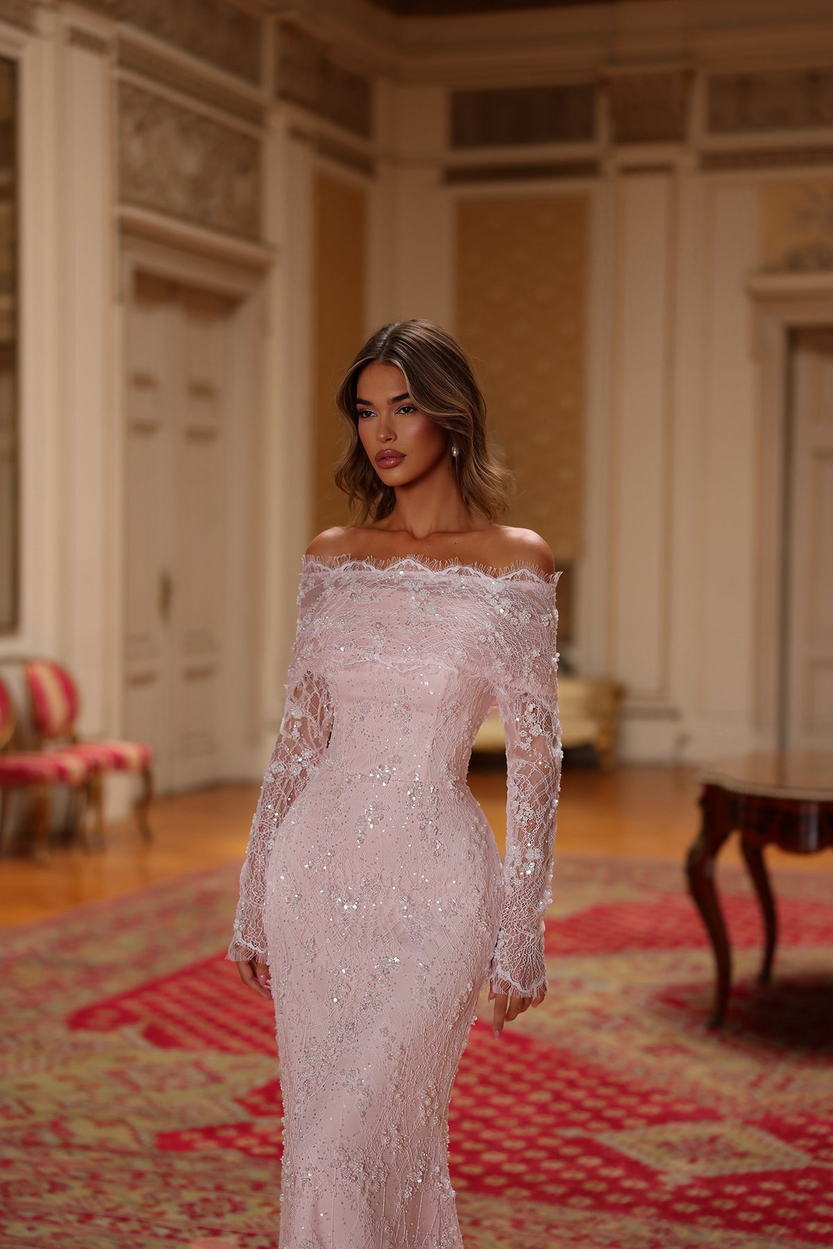 Penelope’s Off-Shoulder Embellished Couture Gown in Blush Pink