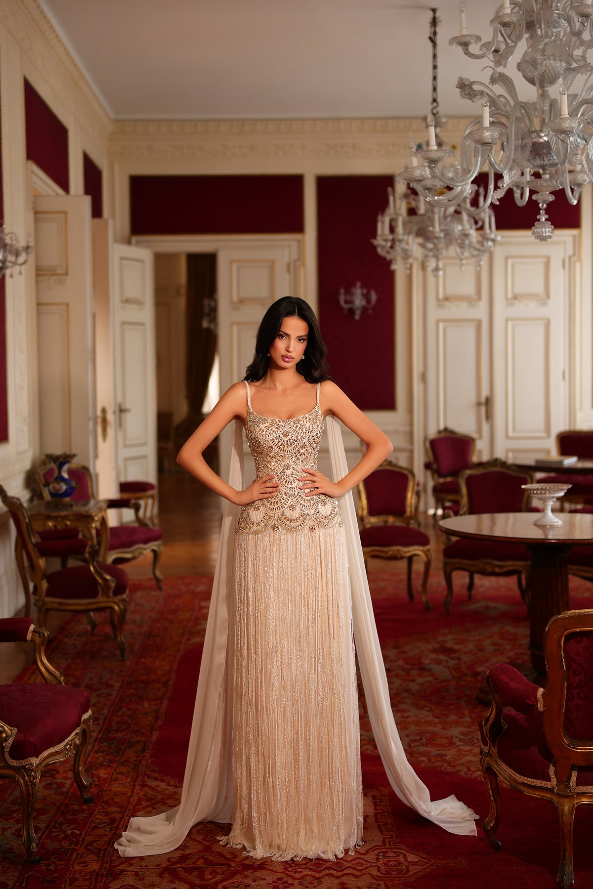 Fiona Embellished Fringe Couture Gown in Champagne Gold