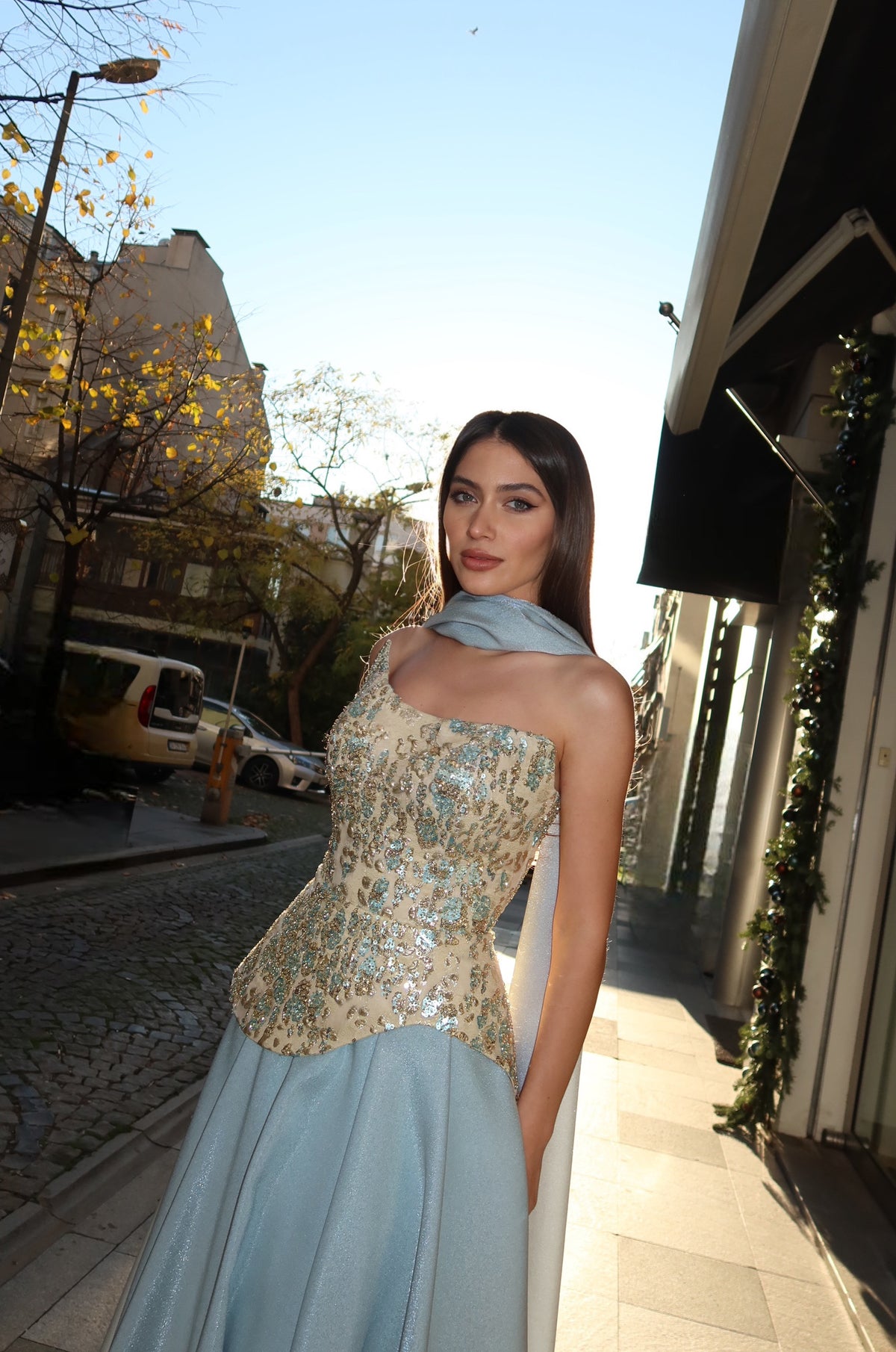 Violet’s Embellished Couture Evening Gown in Ice Blue & Champagne